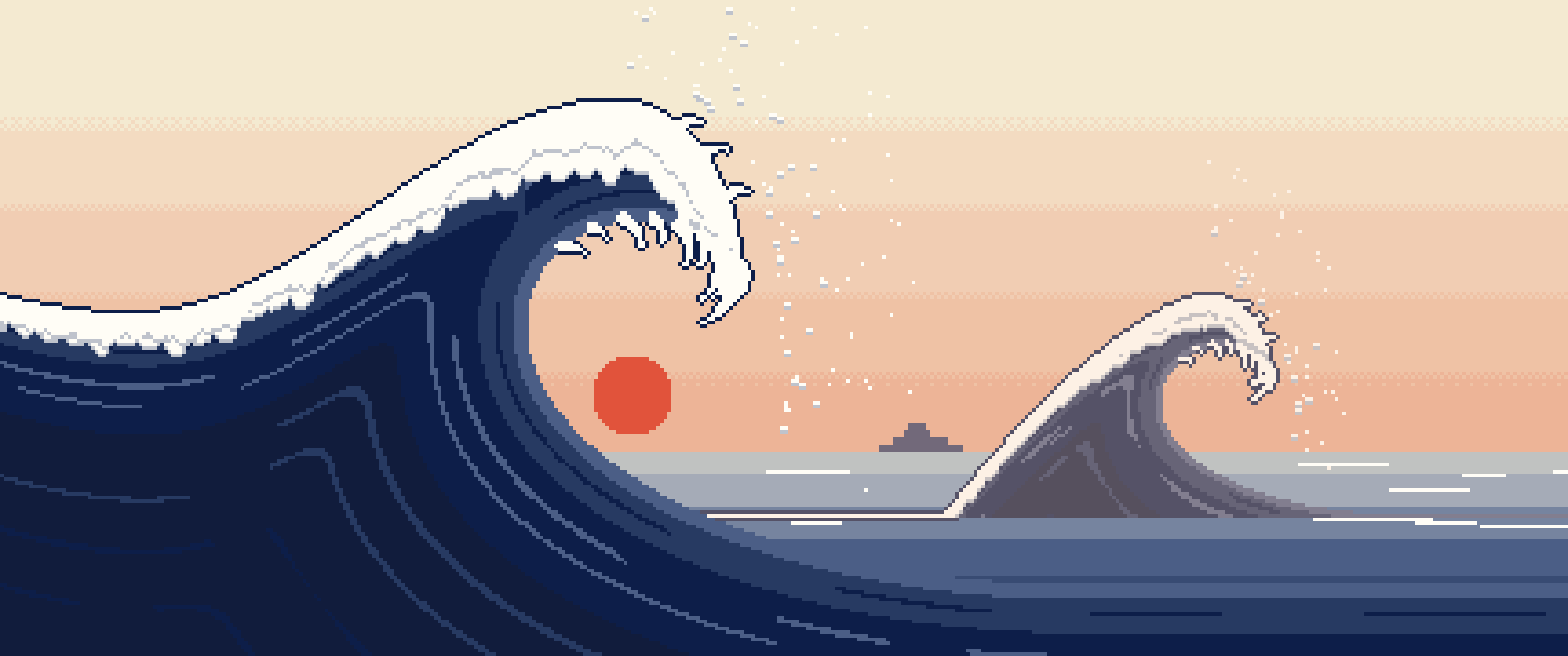 Navy Pixel Art Japanese Great Wave ultrawide wallpaper, 3440 × 1440