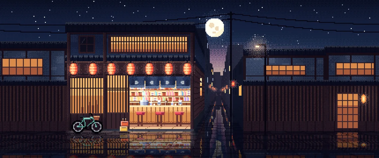 Navy Pixel Art Japanese Izakaya ultrawide wallpaper, 3440 × 1440