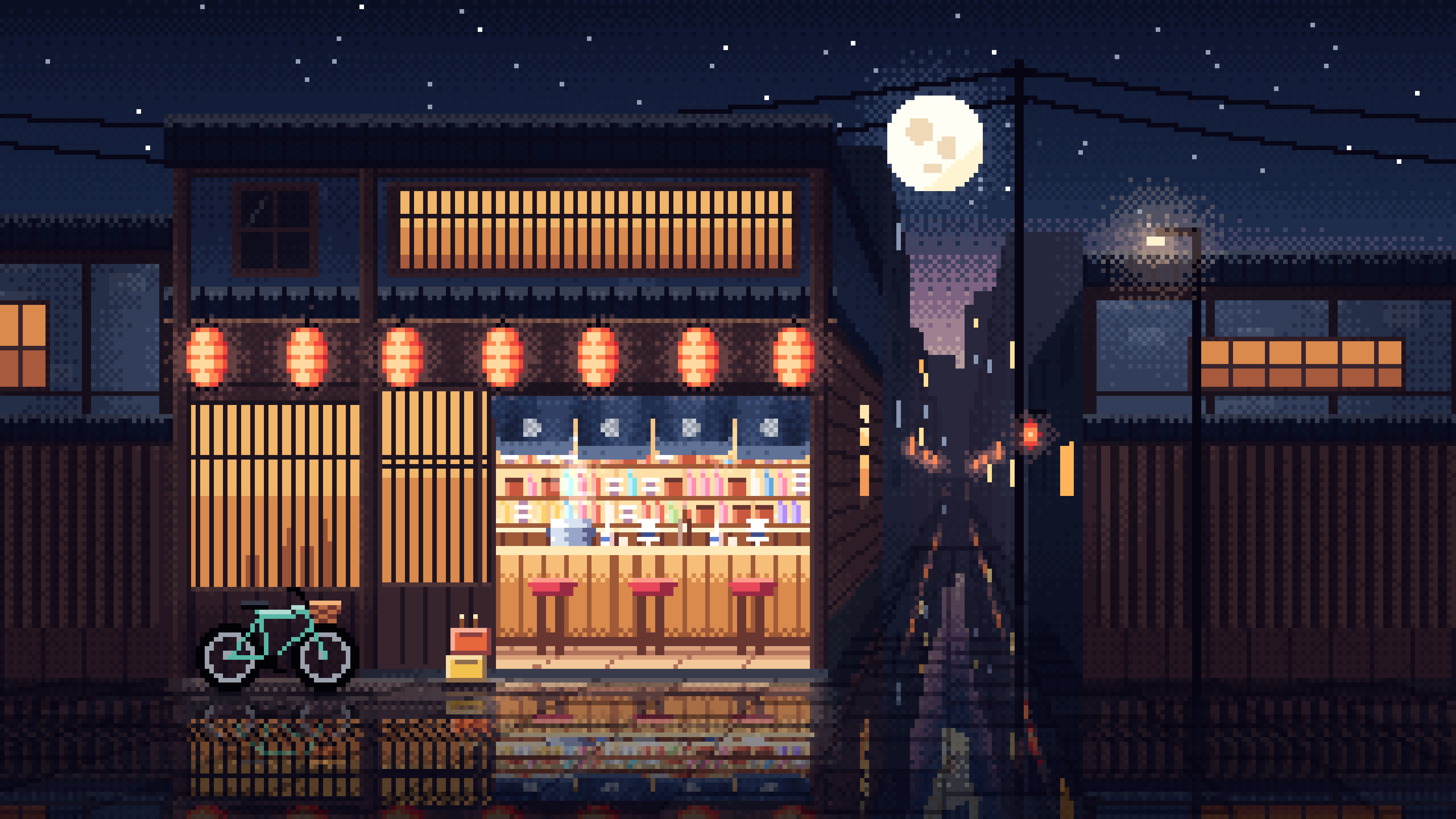 Navy Pixel Art Japanese Izakaya desktop wallpaper in 4K
