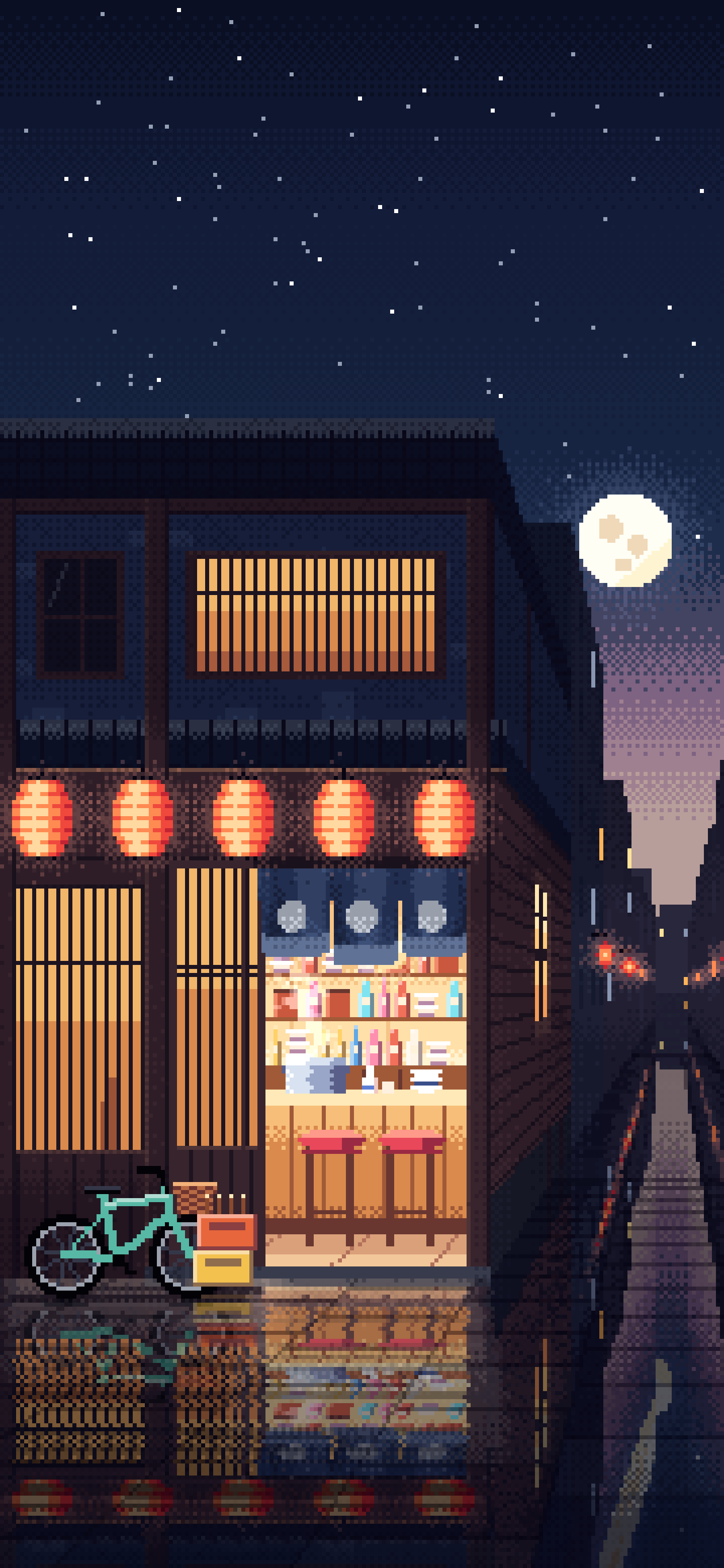 Navy Pixel Art Japanese Izakaya wallpaper for iPhone and Android