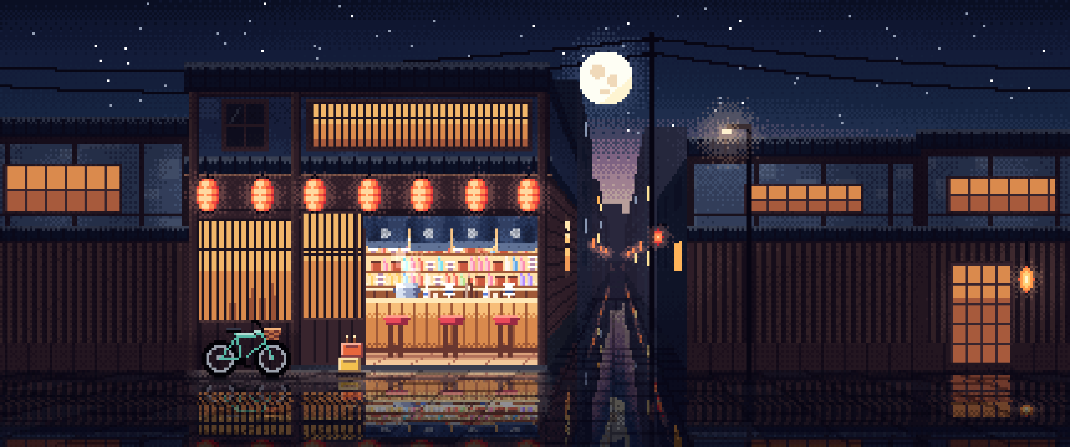 Navy Pixel Art Japanese Izakaya ultrawide wallpaper, 3440 × 1440