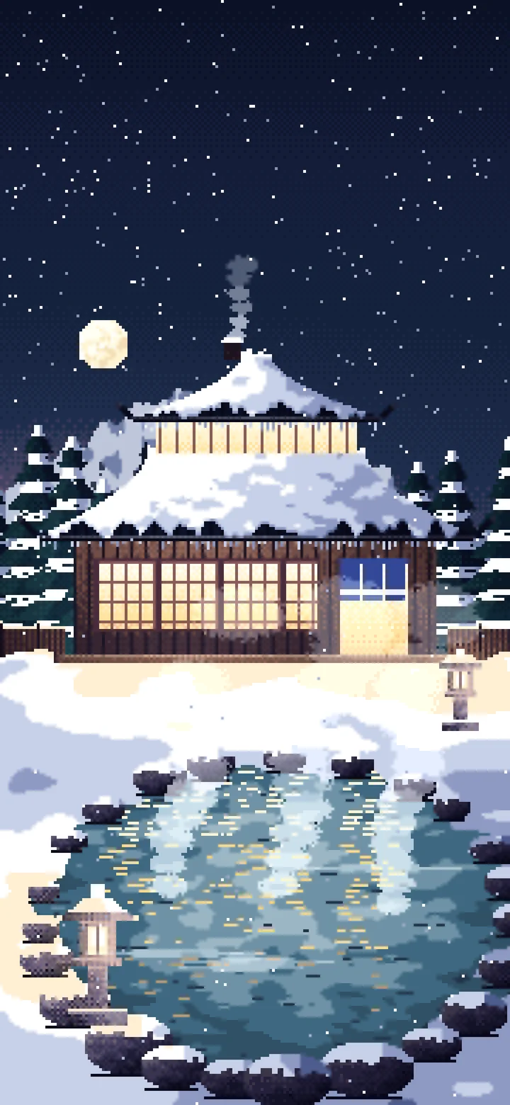 Navy Pixel Art Japanese Onsen in the Snow wallpaper for iPhone and Android