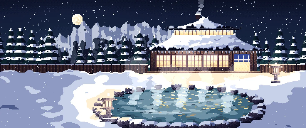 Navy Pixel Art Japanese Onsen in the Snow ultrawide wallpaper, 3440 × 1440