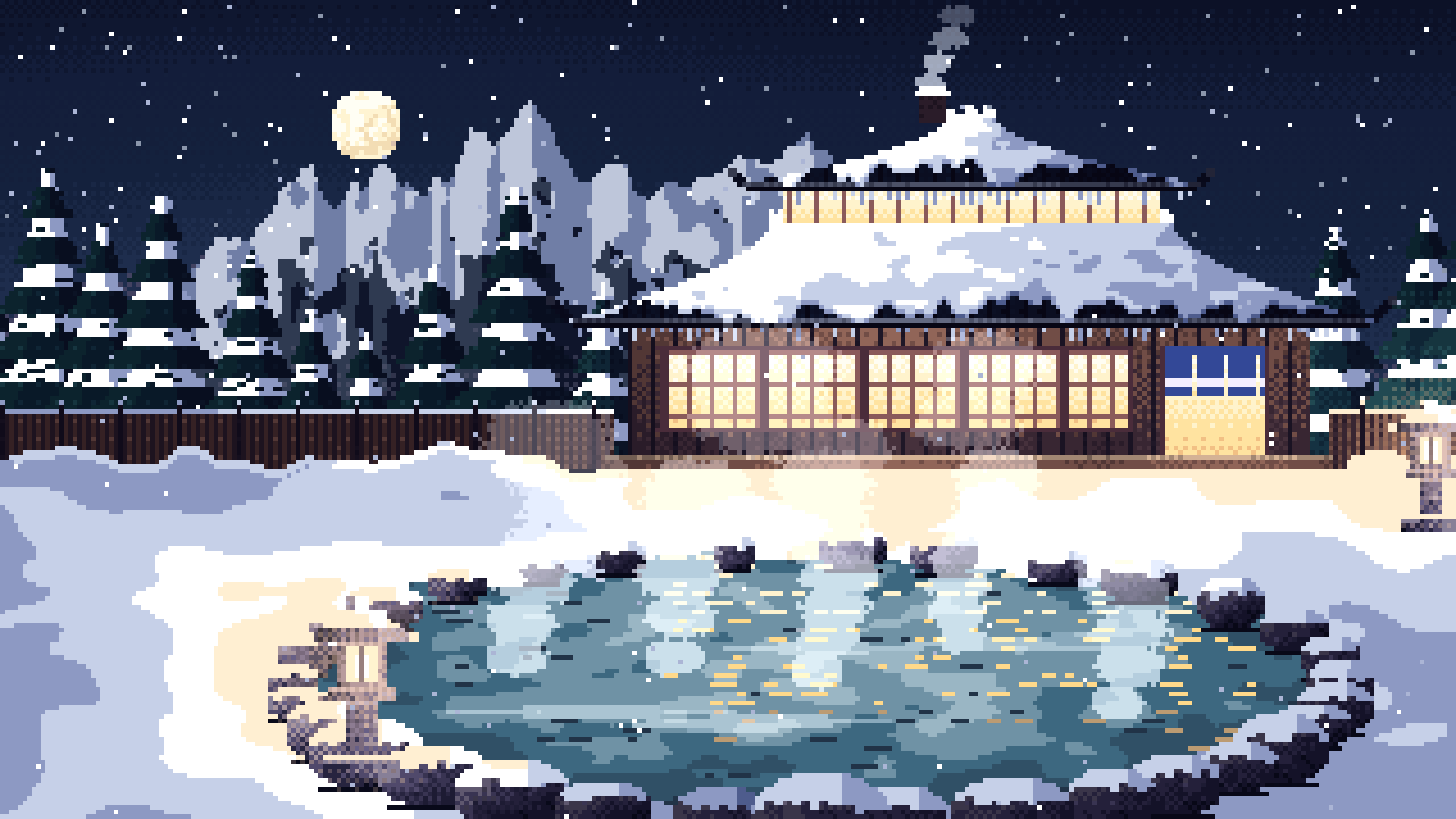 Navy Pixel Art Japanese Onsen in the Snow desktop wallpaper in 4K