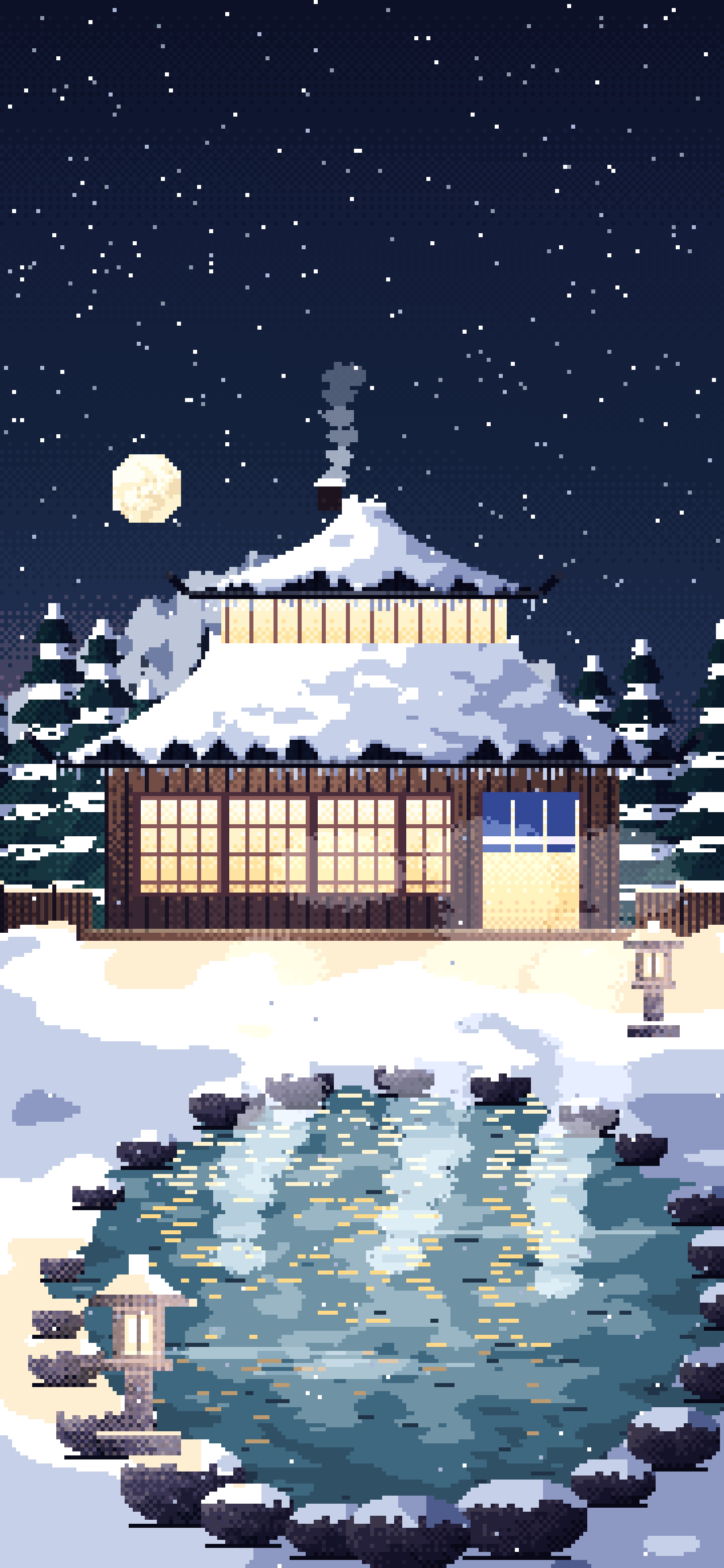 Navy Pixel Art Japanese Onsen in the Snow wallpaper for iPhone and Android