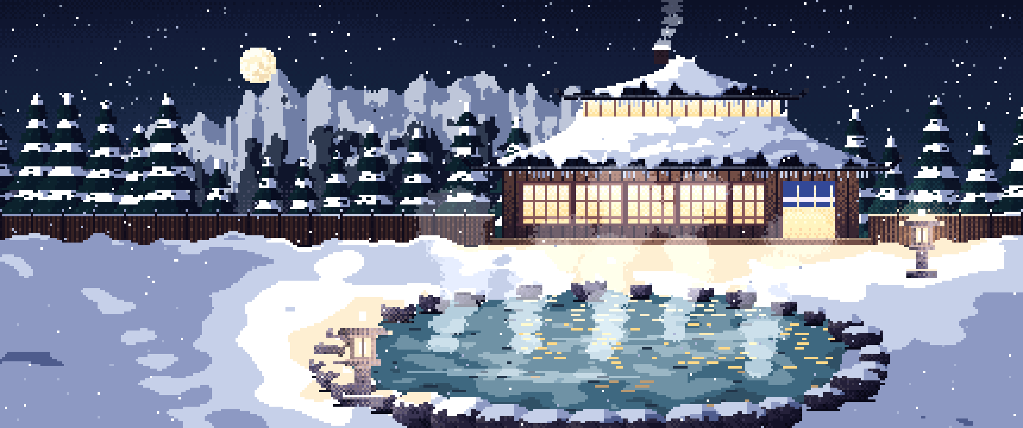 Navy Pixel Art Japanese Onsen in the Snow ultrawide wallpaper, 3440 × 1440