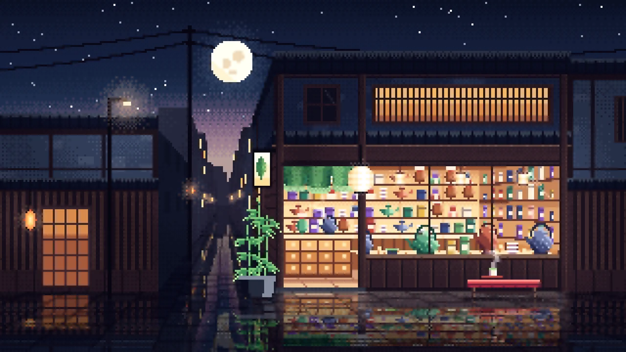Navy Pixel Art Japanese Tea Shop desktop wallpaper in 4K