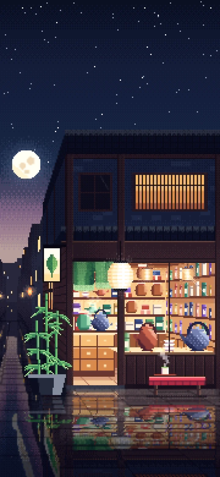 Navy Pixel Art Japanese Tea Shop wallpaper for iPhone and Android