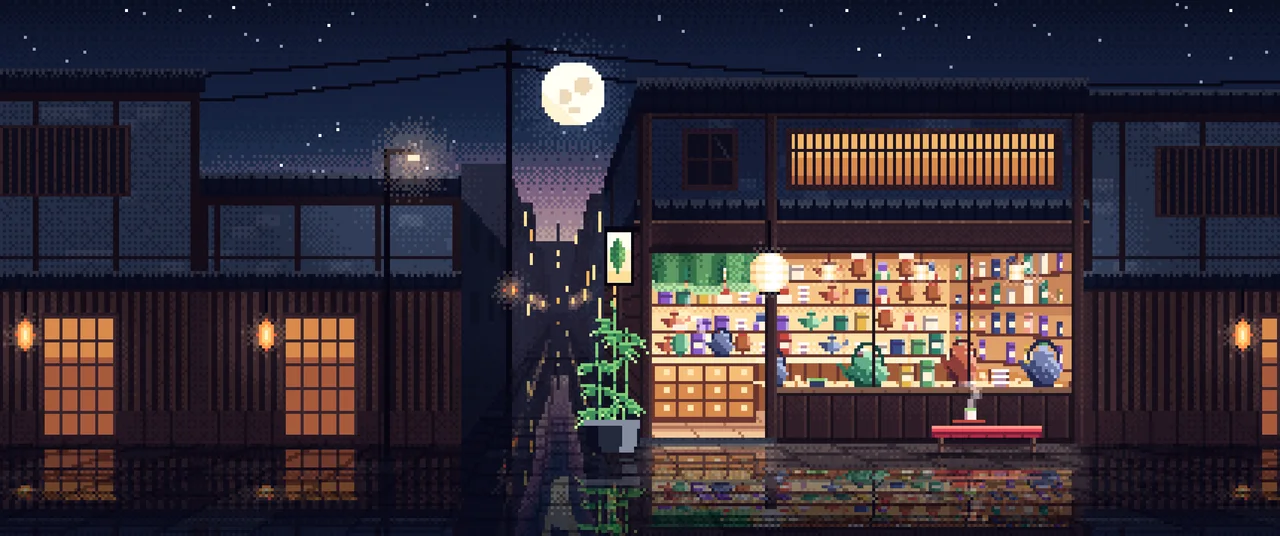 Navy Pixel Art Japanese Tea Shop ultrawide wallpaper, 3440 × 1440
