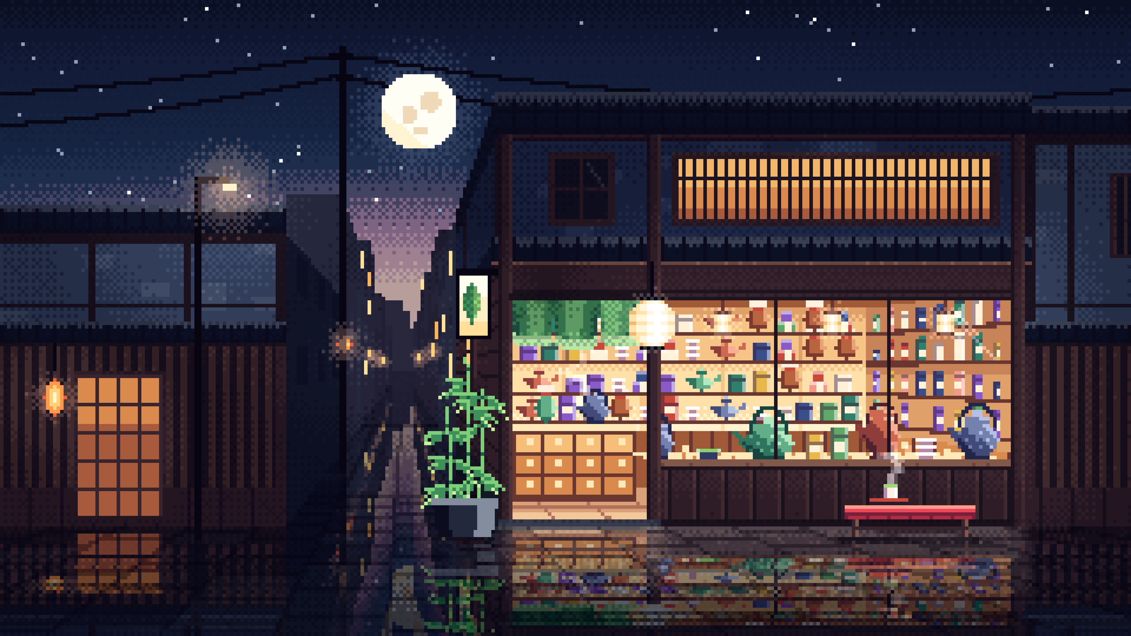 Navy Pixel Art Japanese Tea Shop desktop wallpaper in 4K