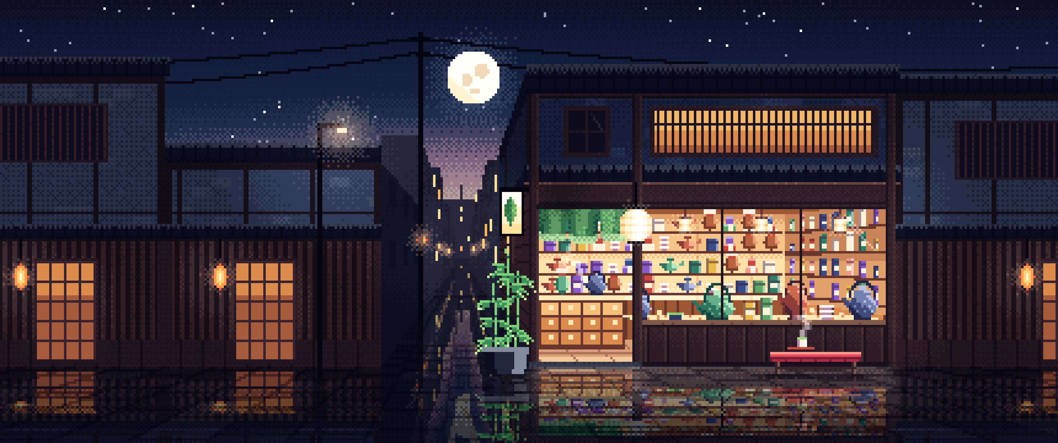 Navy Pixel Art Japanese Tea Shop ultrawide wallpaper, 3440 × 1440