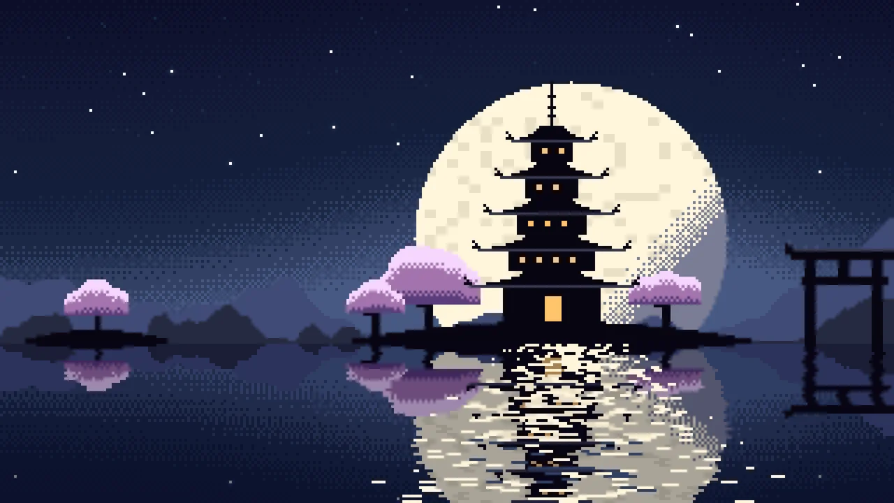 Navy Pixel Art Japanese Temple desktop wallpaper in 4K