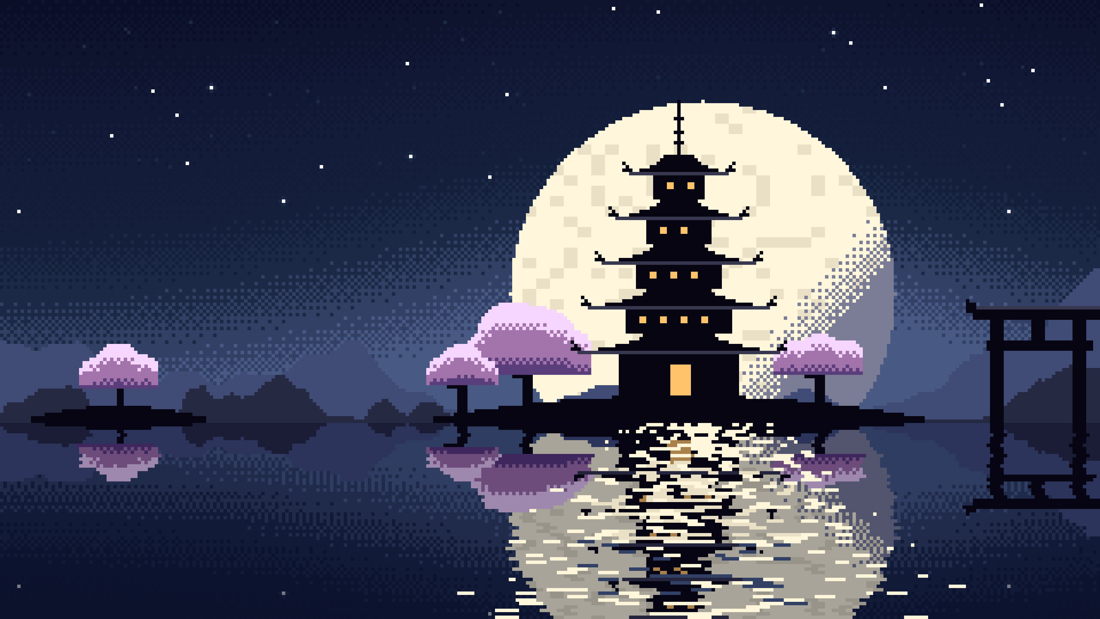 Navy Pixel Art Japanese Temple desktop wallpaper in 4K