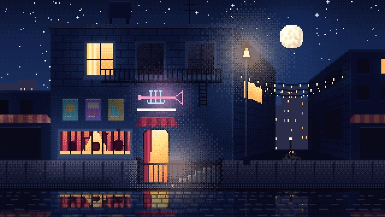 Navy Pixel Art Jazz Club at Night desktop wallpaper in 4K