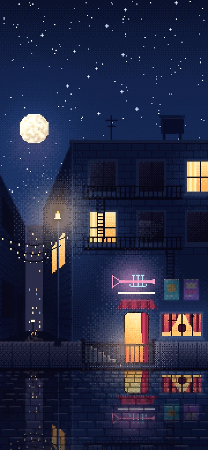 Navy Pixel Art Jazz Club at Night wallpaper for iPhone and Android