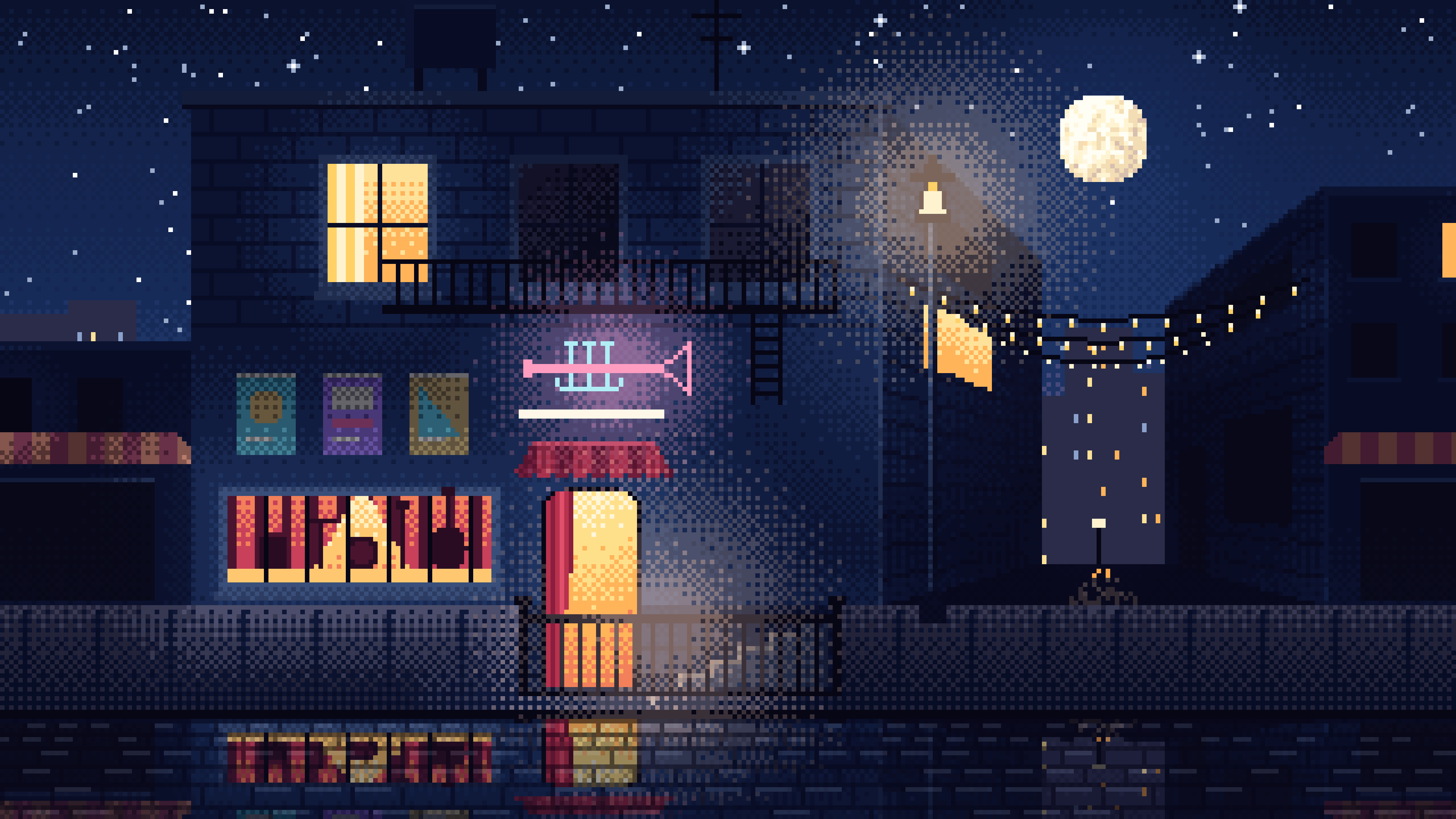 Navy Pixel Art Jazz Club at Night desktop wallpaper in 4K
