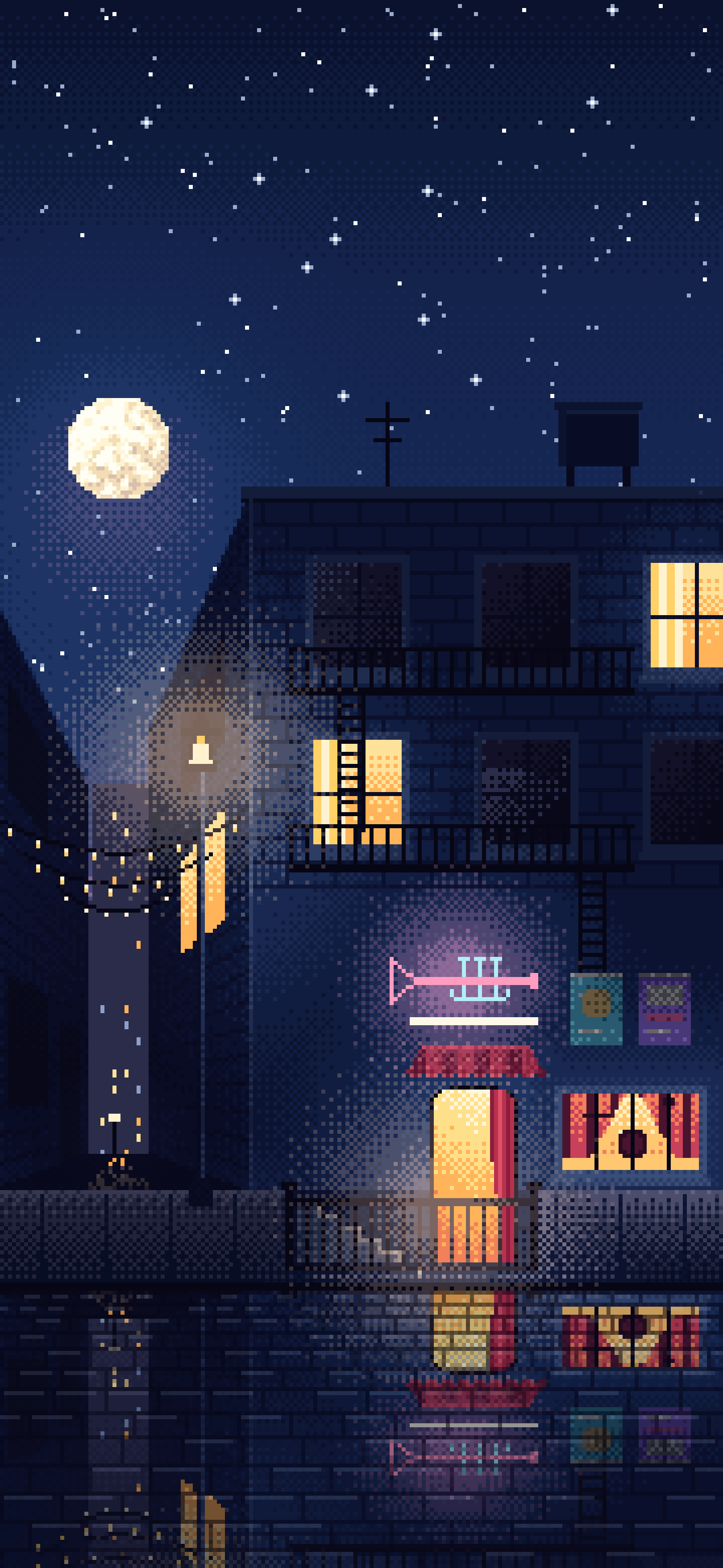 Navy Pixel Art Jazz Club at Night wallpaper for iPhone and Android