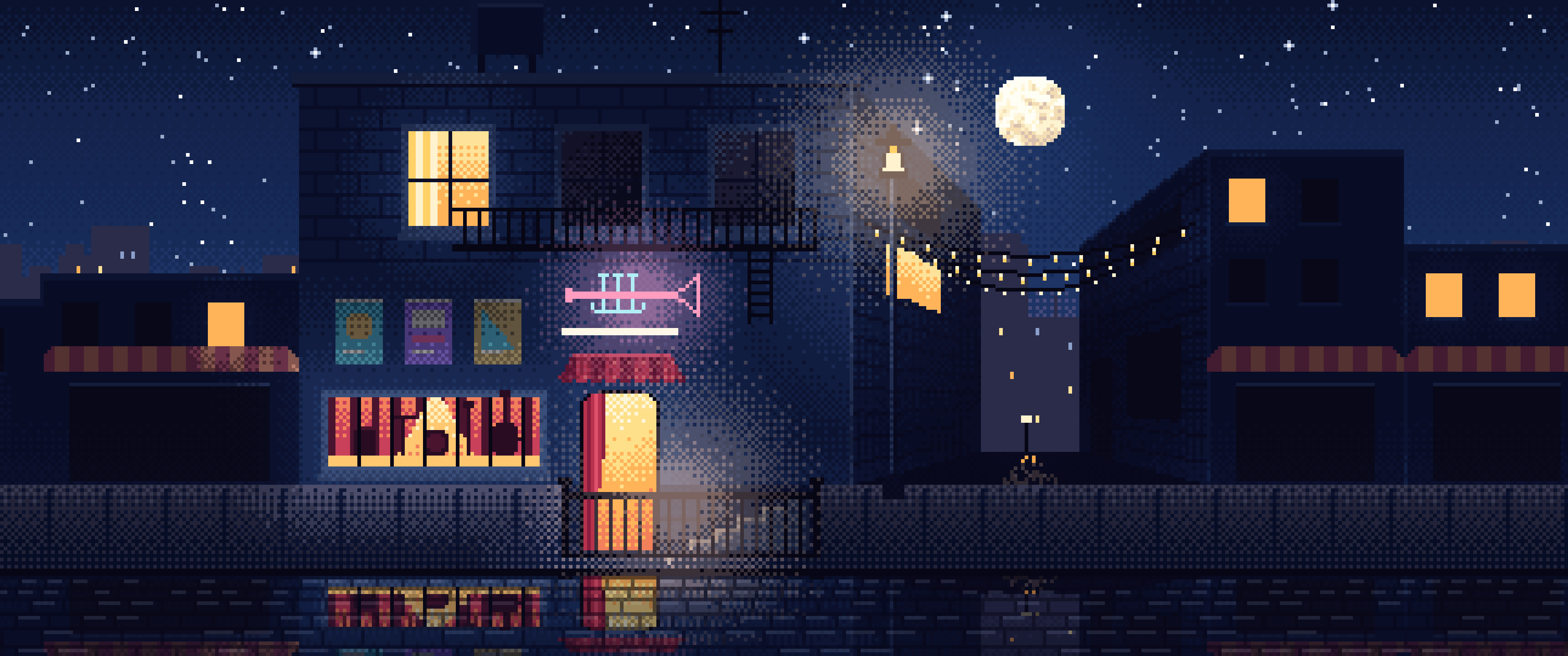 Navy Pixel Art Jazz Club at Night ultrawide wallpaper, 3440 × 1440