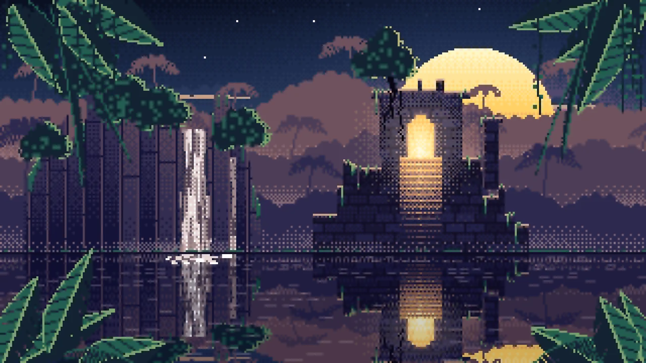 Navy Pixel Art Jungle Temple Ruins desktop wallpaper in 4K