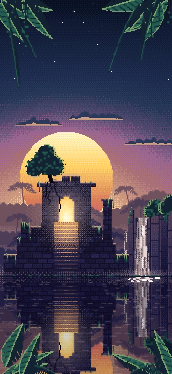 Navy Pixel Art Jungle Temple Ruins wallpaper for iPhone and Android