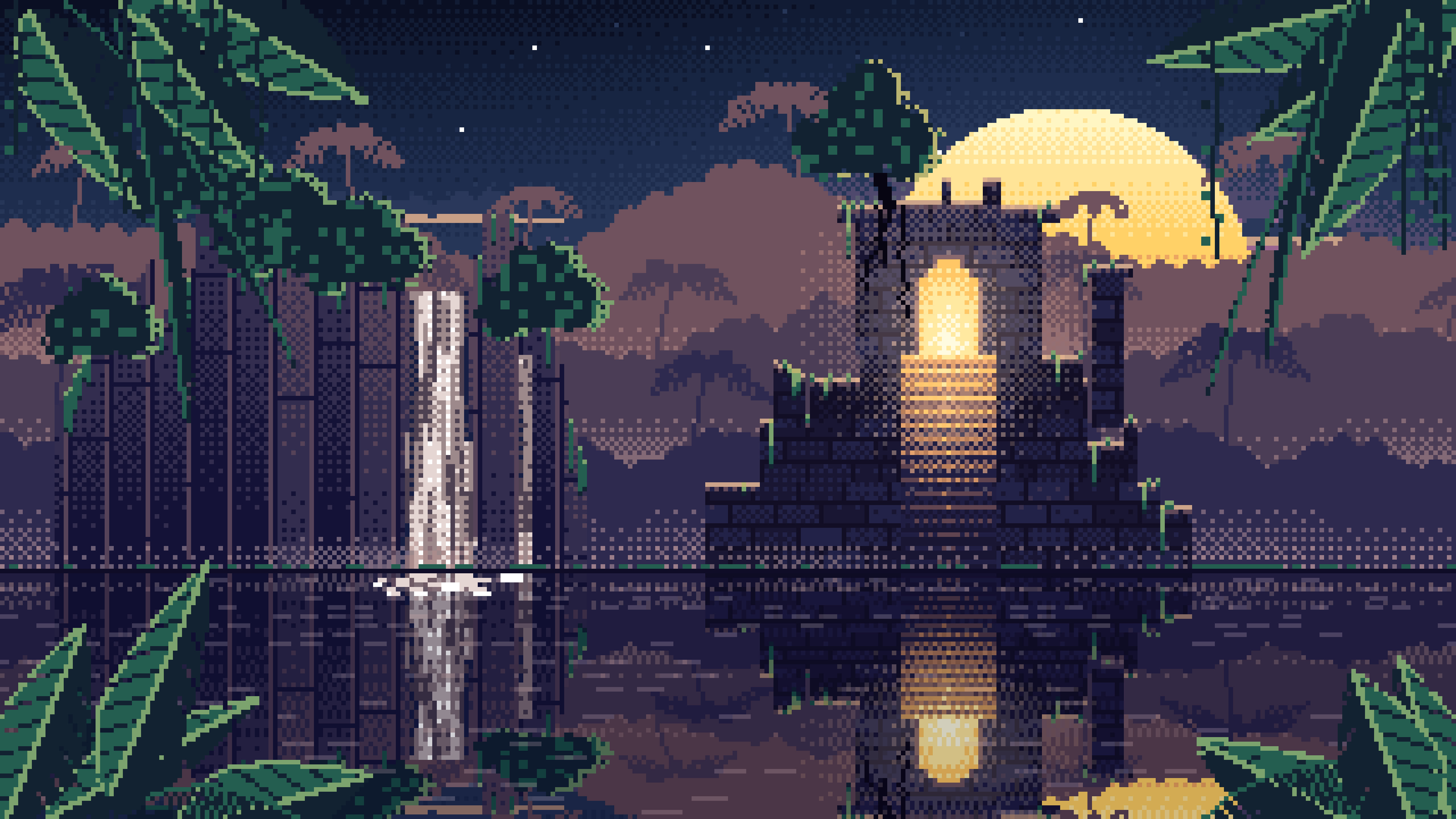 Navy Pixel Art Jungle Temple Ruins desktop wallpaper in 4K