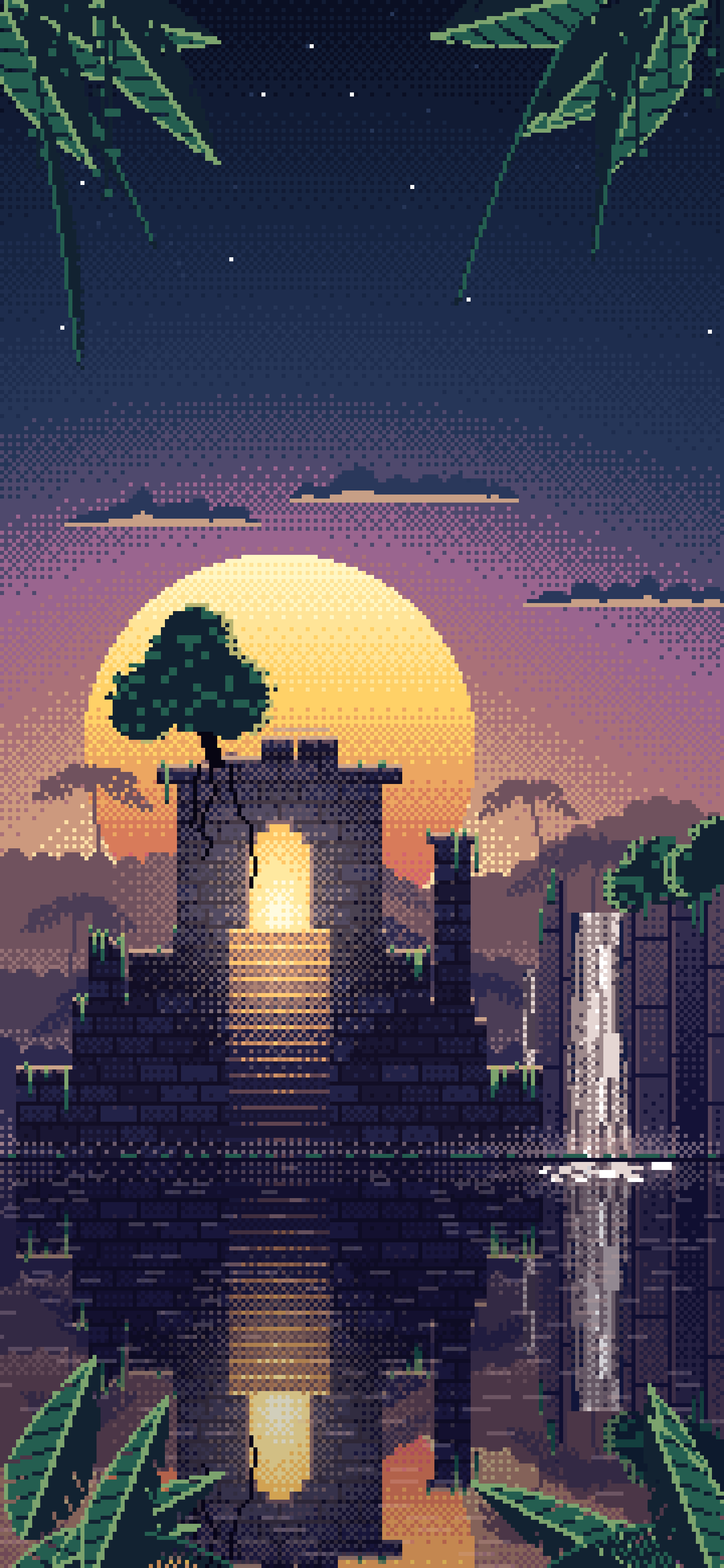 Navy Pixel Art Jungle Temple Ruins wallpaper for iPhone and Android