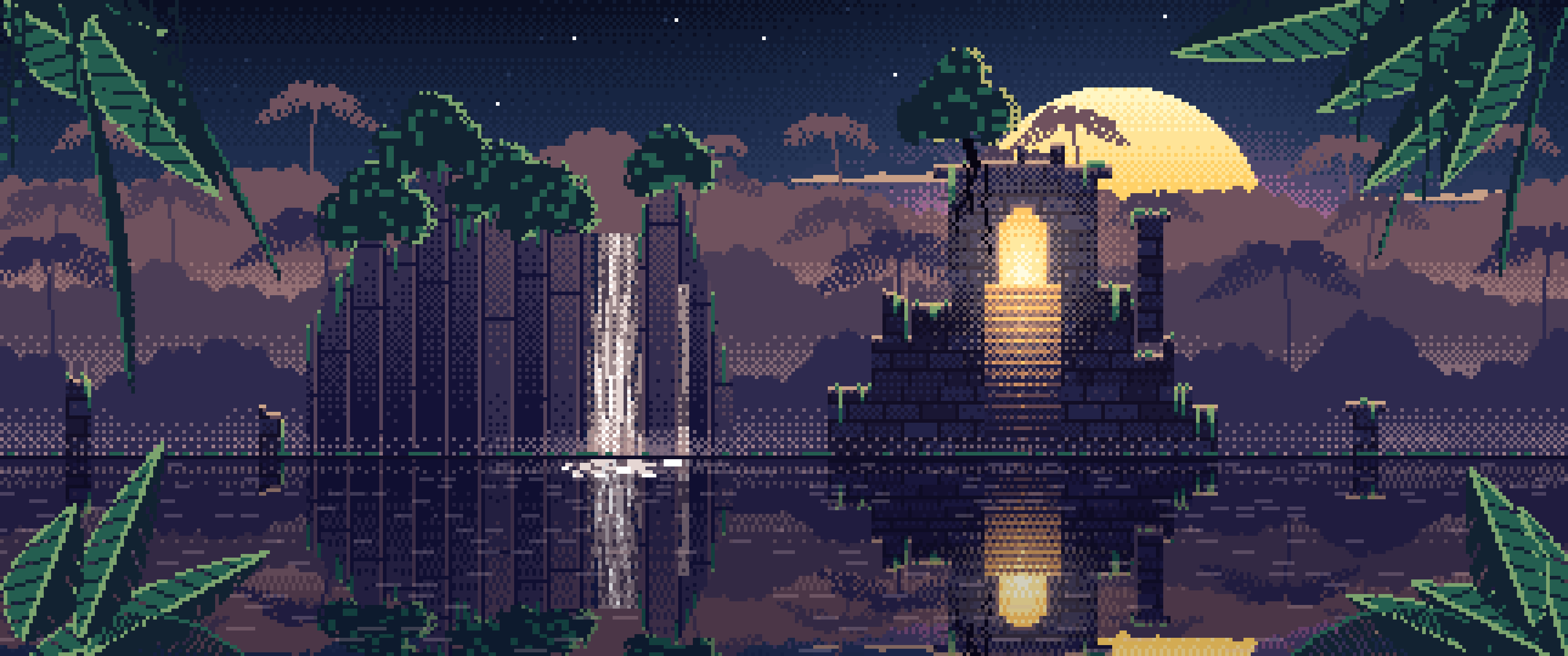 Navy Pixel Art Jungle Temple Ruins ultrawide wallpaper, 3440 × 1440