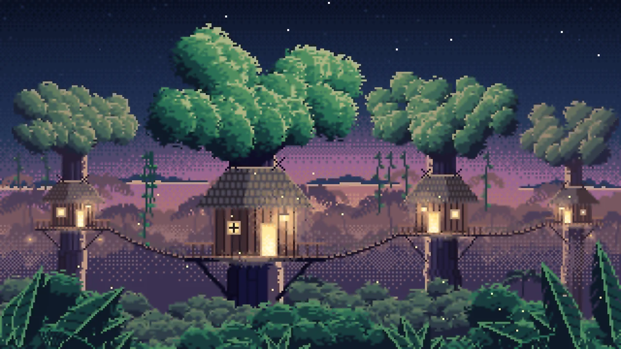 Navy Pixel Art Jungle Treehouses by Lantern Light desktop wallpaper in 4K