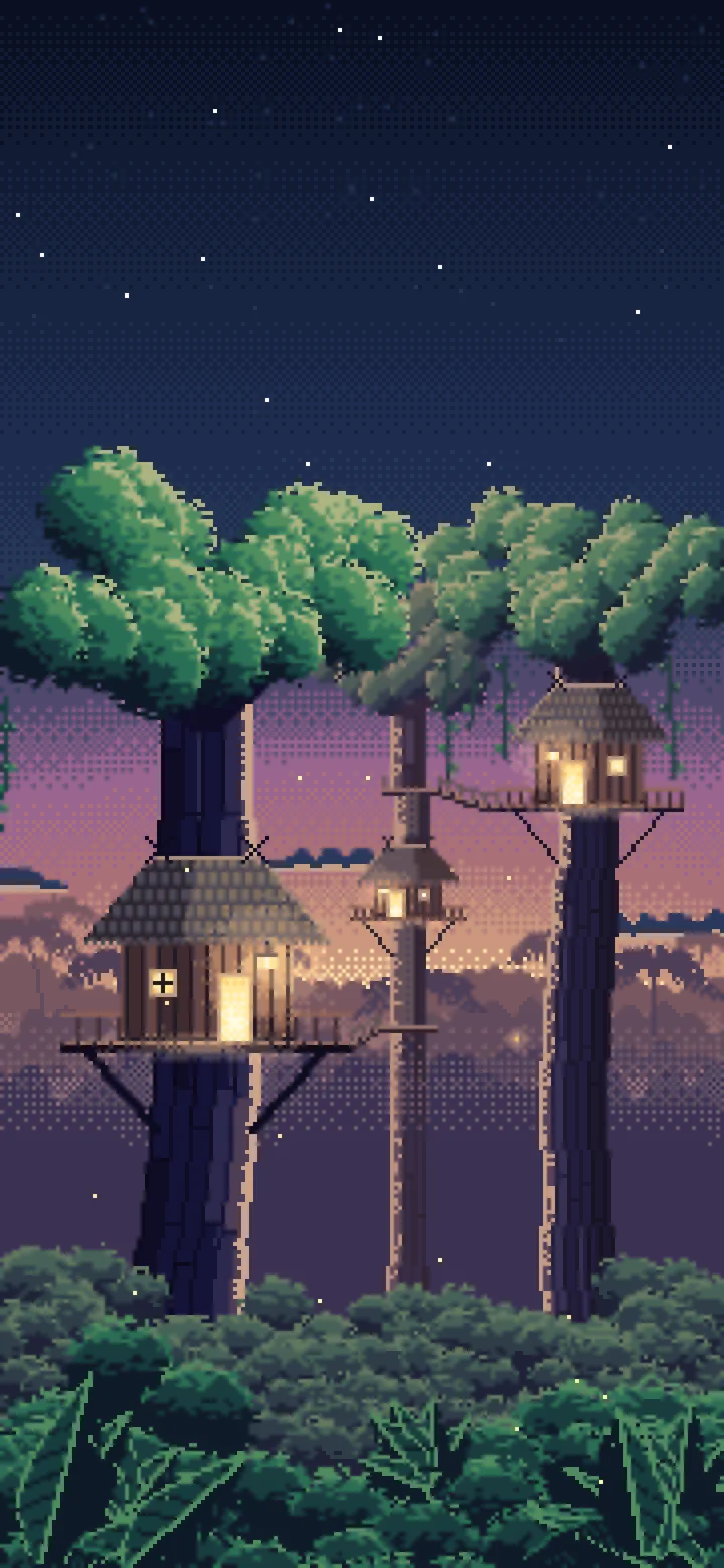 Navy Pixel Art Jungle Treehouses by Lantern Light wallpaper for iPhone and Android
