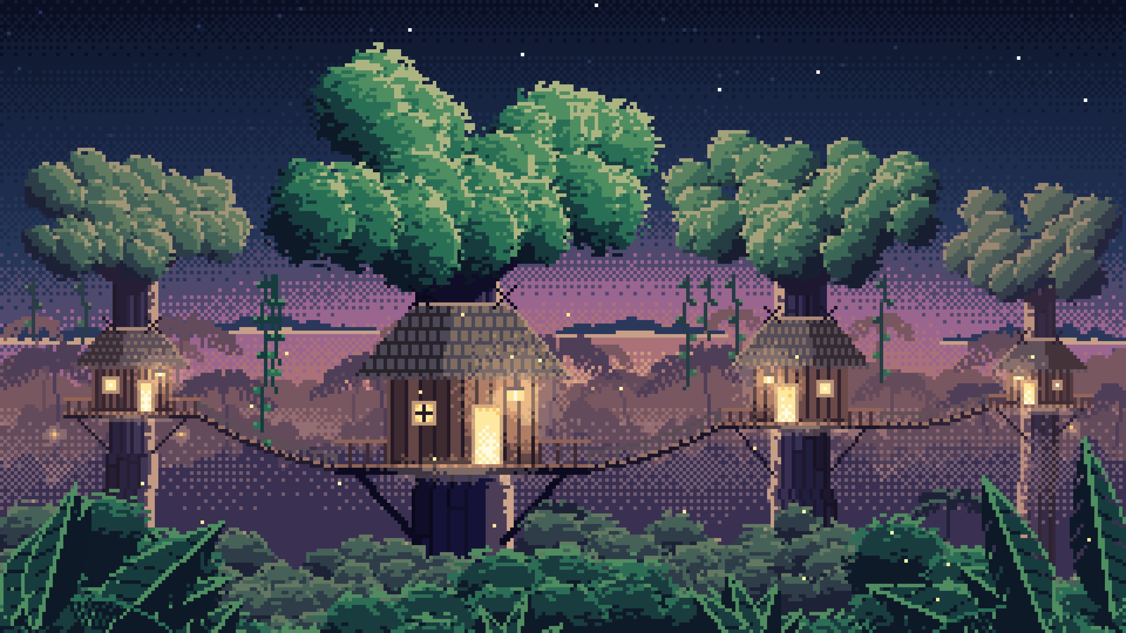 Navy Pixel Art Jungle Treehouses by Lantern Light desktop wallpaper in 4K