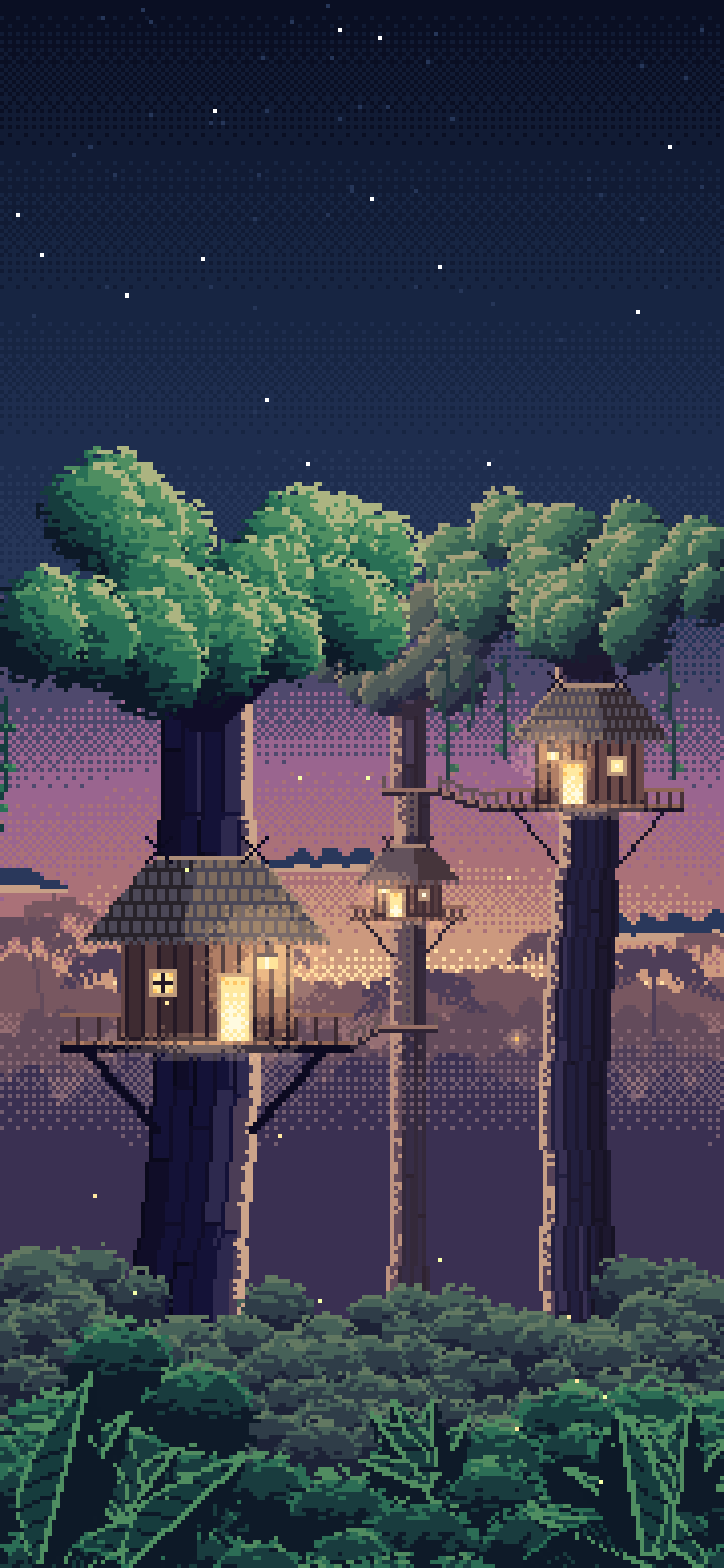 Navy Pixel Art Jungle Treehouses by Lantern Light wallpaper for iPhone and Android