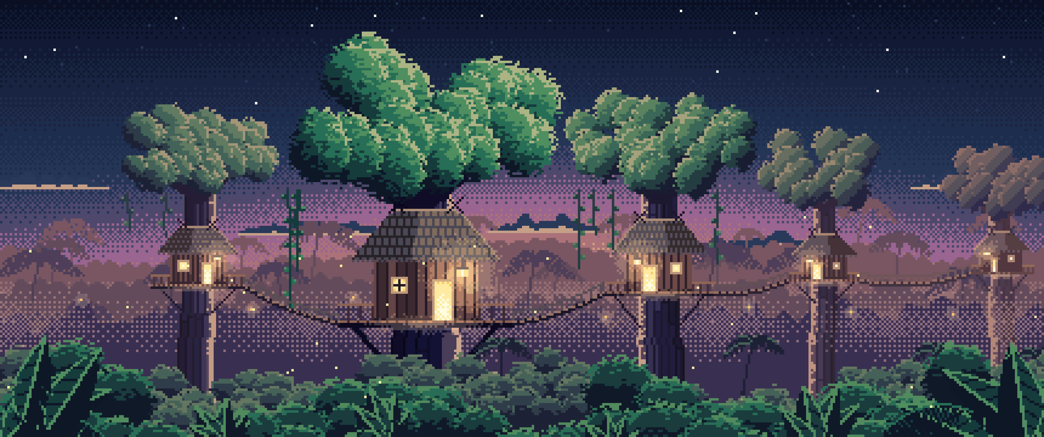 Navy Pixel Art Jungle Treehouses by Lantern Light ultrawide wallpaper, 3440 × 1440