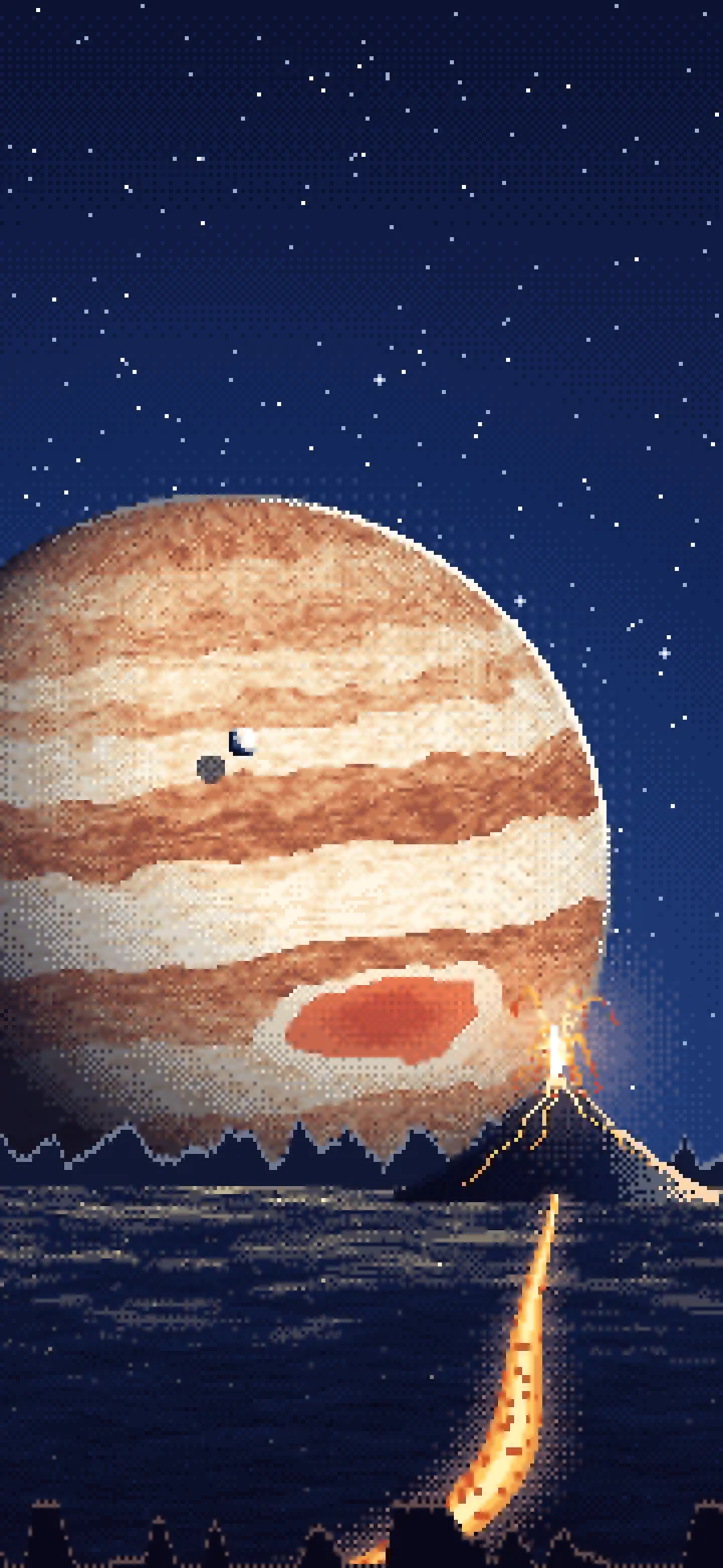 Navy Pixel Art Jupiter Over a Molten World wallpaper for iPhone and Android