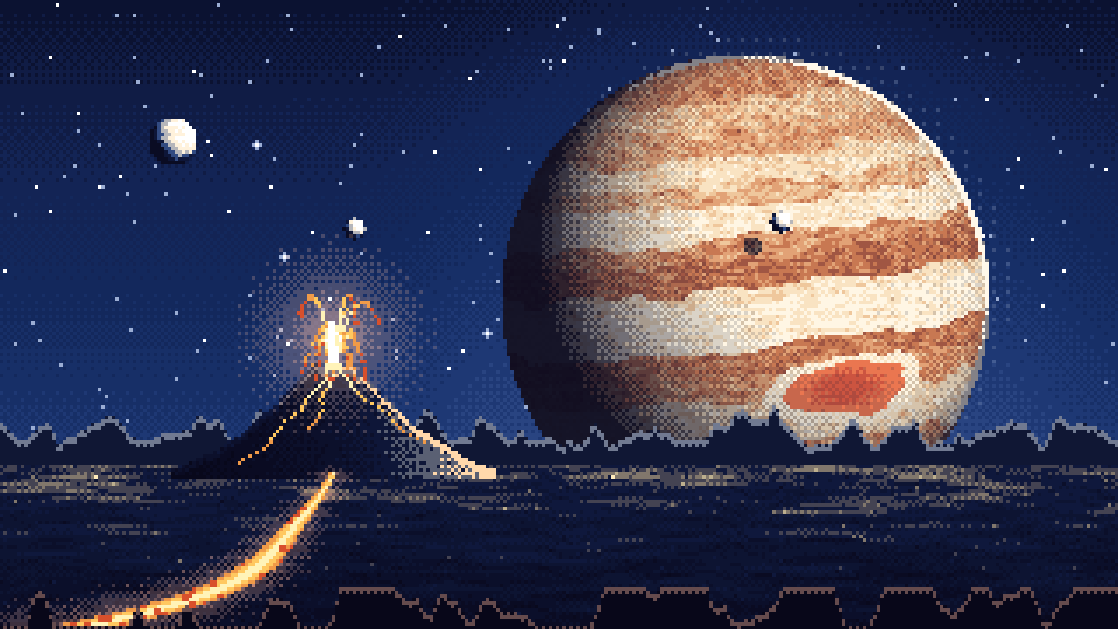 Navy Pixel Art Jupiter Over a Molten World desktop wallpaper in 4K
