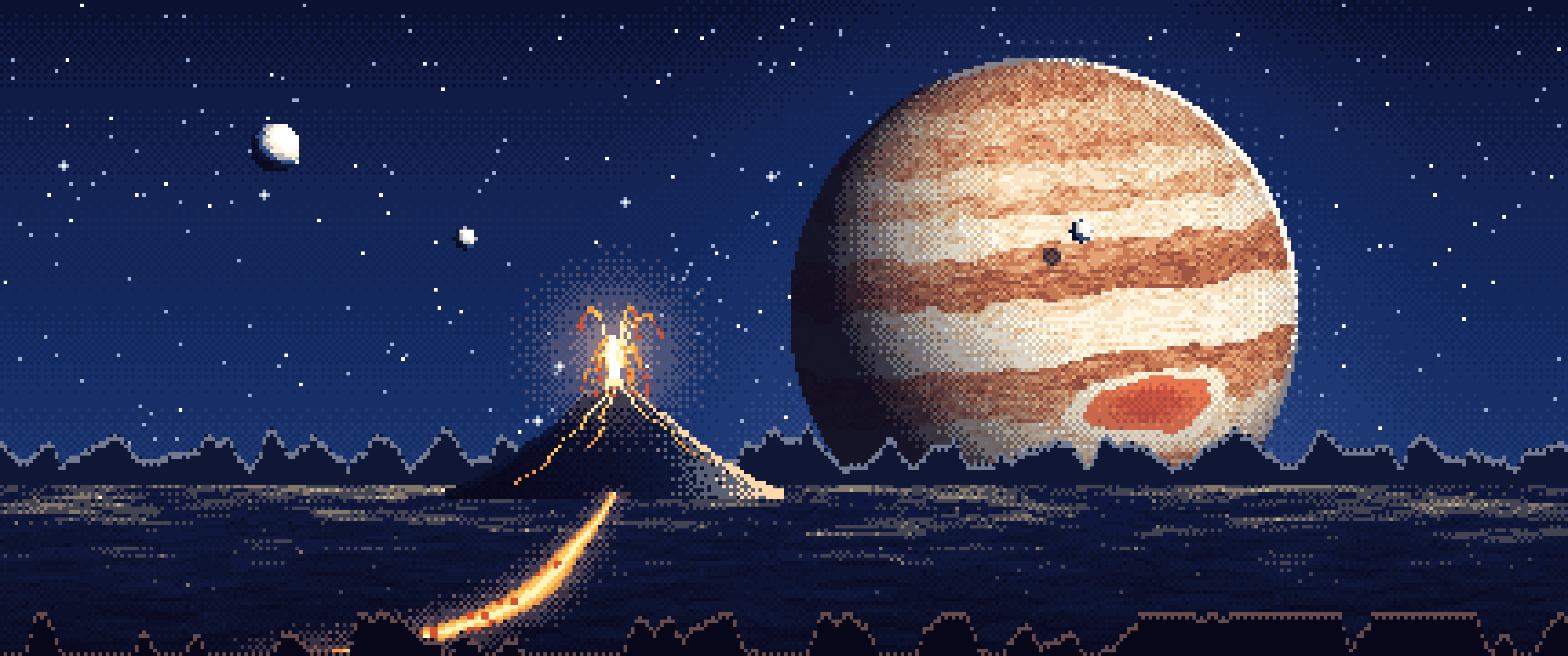 Navy Pixel Art Jupiter Over a Molten World ultrawide wallpaper, 3440 × 1440