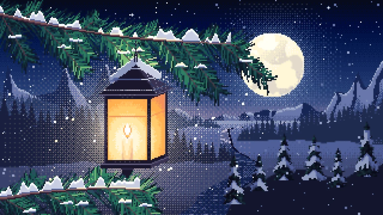 Navy Pixel Art Lantern on a Snowy Pine Branch desktop wallpaper in 4K
