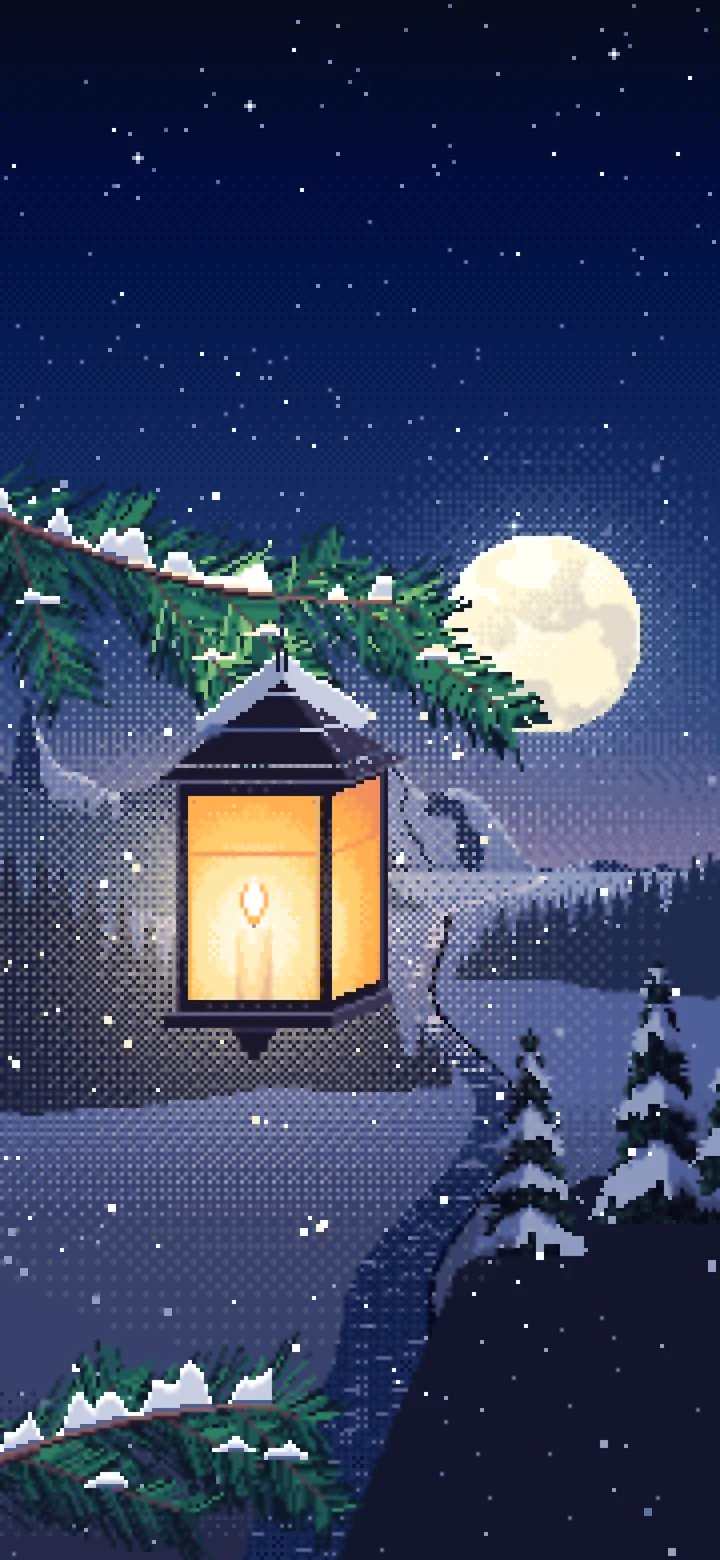 Navy Pixel Art Lantern on a Snowy Pine Branch wallpaper for iPhone and Android