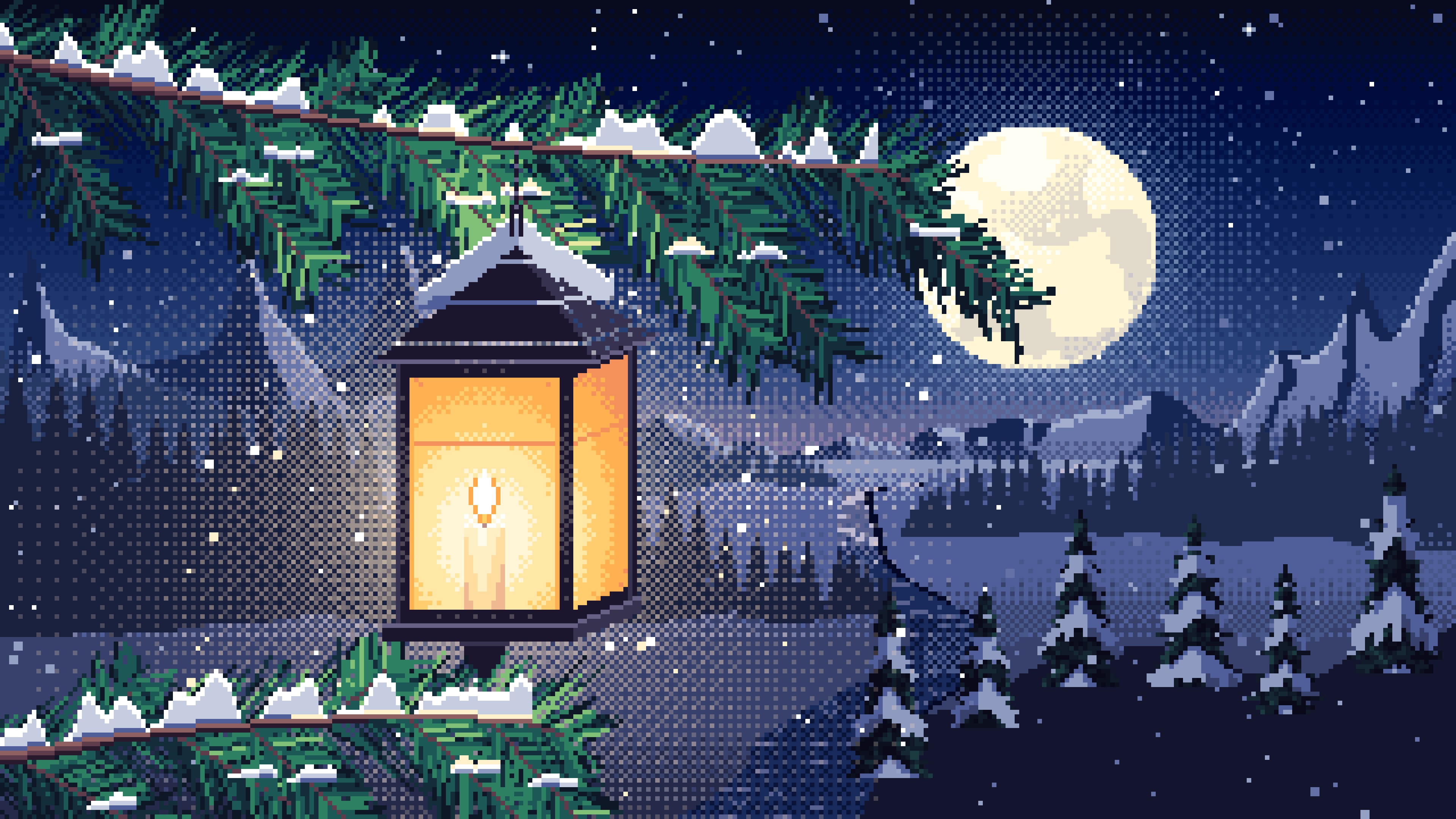 Navy Pixel Art Lantern on a Snowy Pine Branch desktop wallpaper in 4K