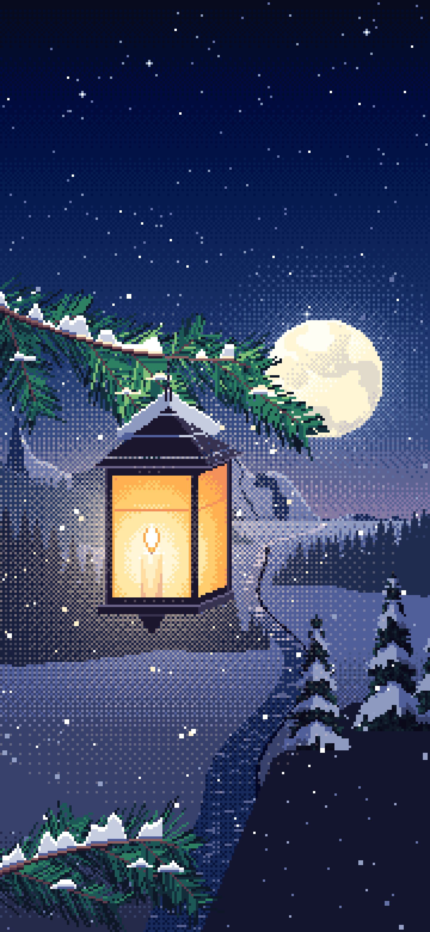 Navy Pixel Art Lantern on a Snowy Pine Branch wallpaper for iPhone and Android