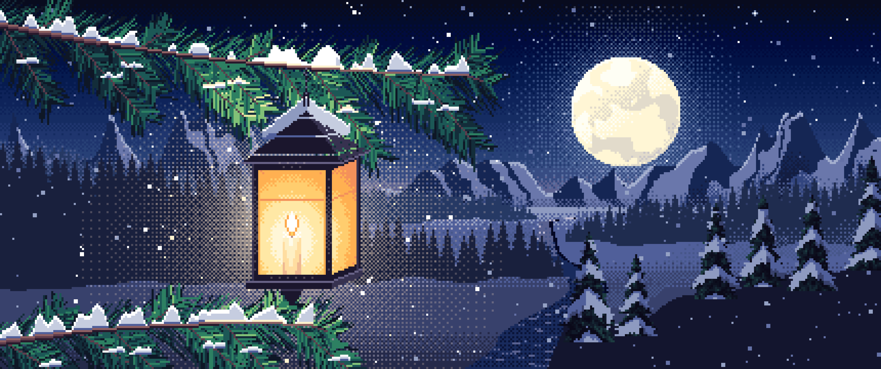 Navy Pixel Art Lantern on a Snowy Pine Branch ultrawide wallpaper, 3440 × 1440
