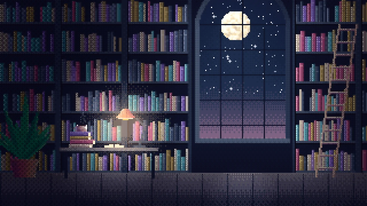 Navy Pixel Art Library desktop wallpaper in 4K
