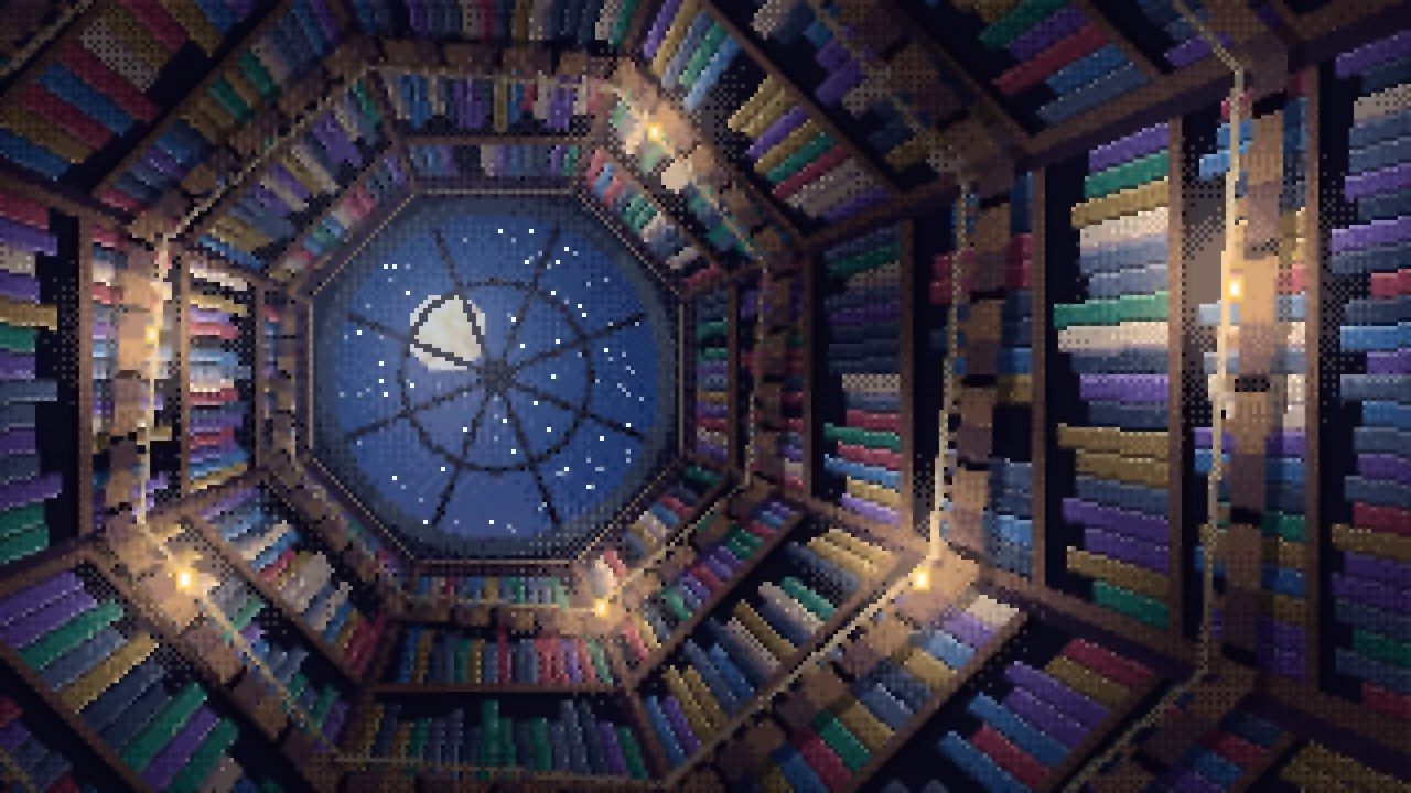 Navy Pixel Art Library Tower Staircase desktop wallpaper in 4K