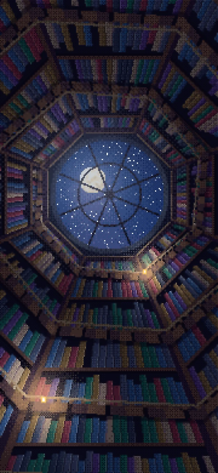 Navy Pixel Art Library Tower Staircase wallpaper for iPhone and Android