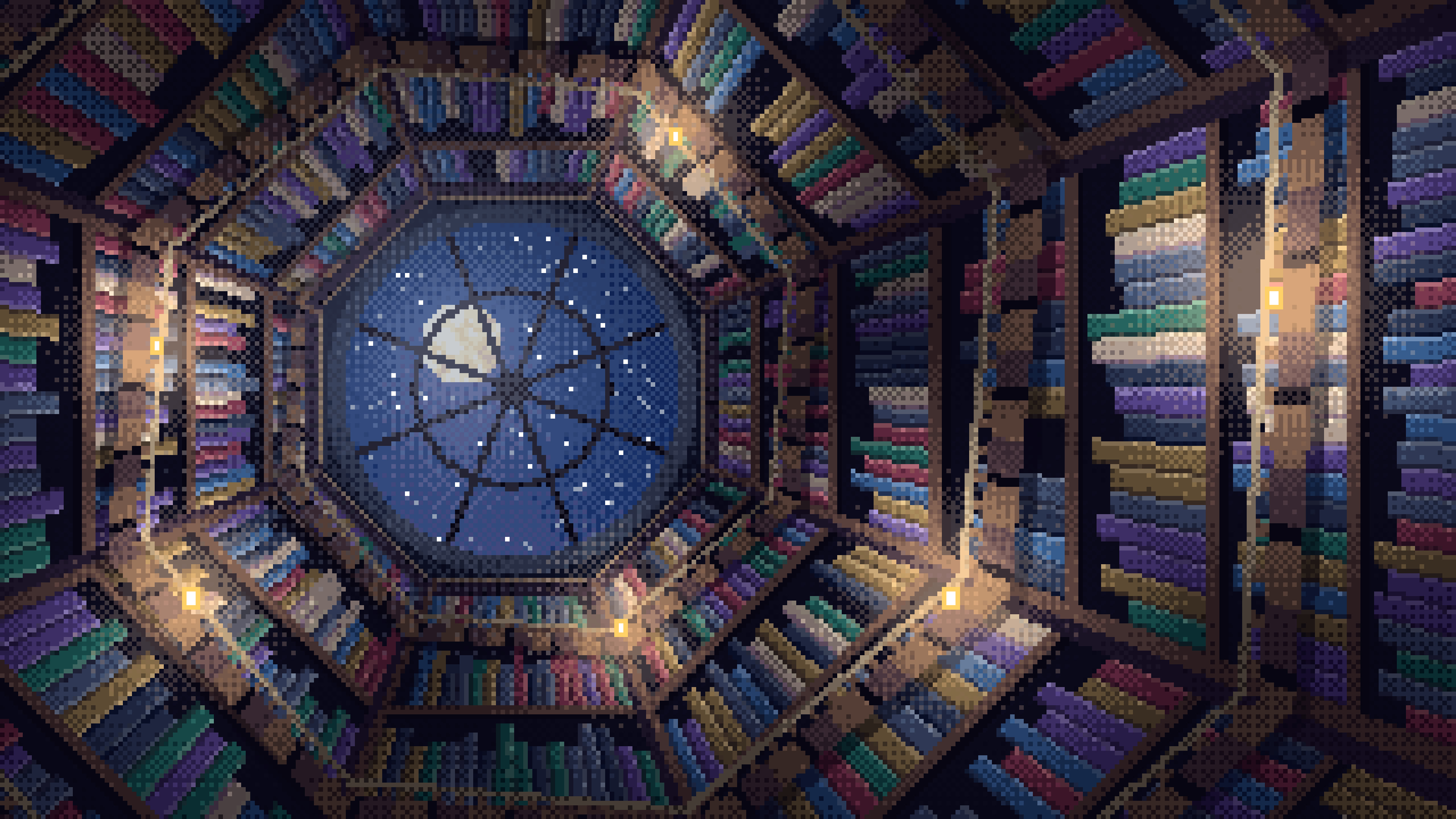 Navy Pixel Art Library Tower Staircase desktop wallpaper in 4K