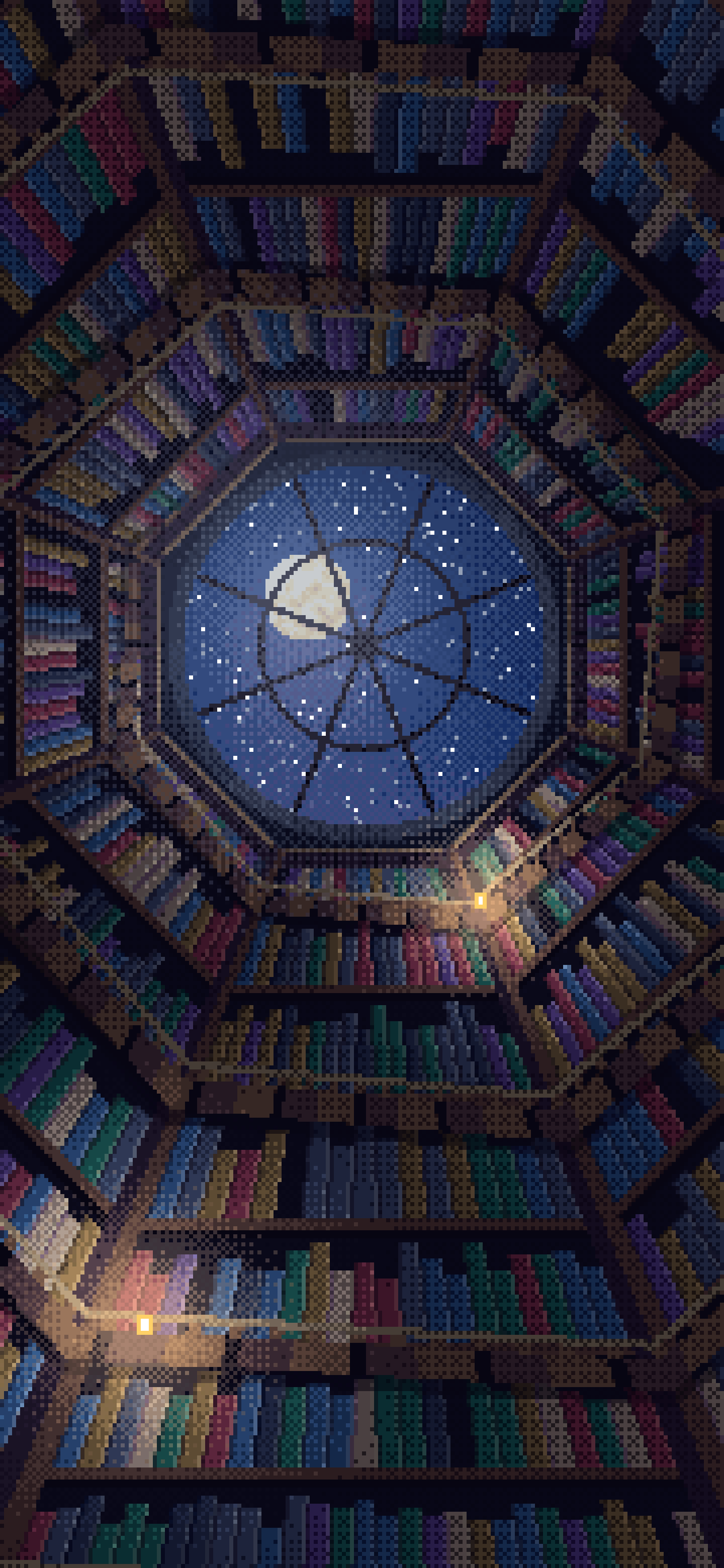 Navy Pixel Art Library Tower Staircase wallpaper for iPhone and Android
