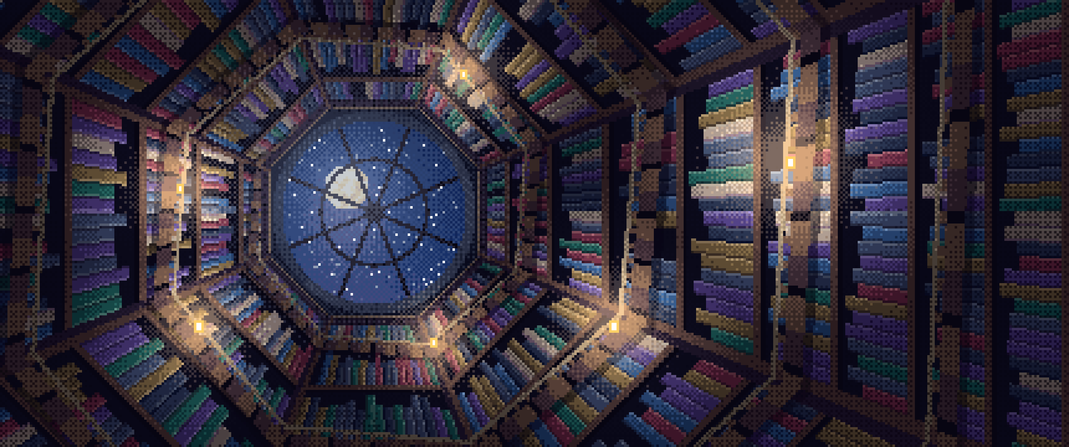 Navy Pixel Art Library Tower Staircase ultrawide wallpaper, 3440 × 1440