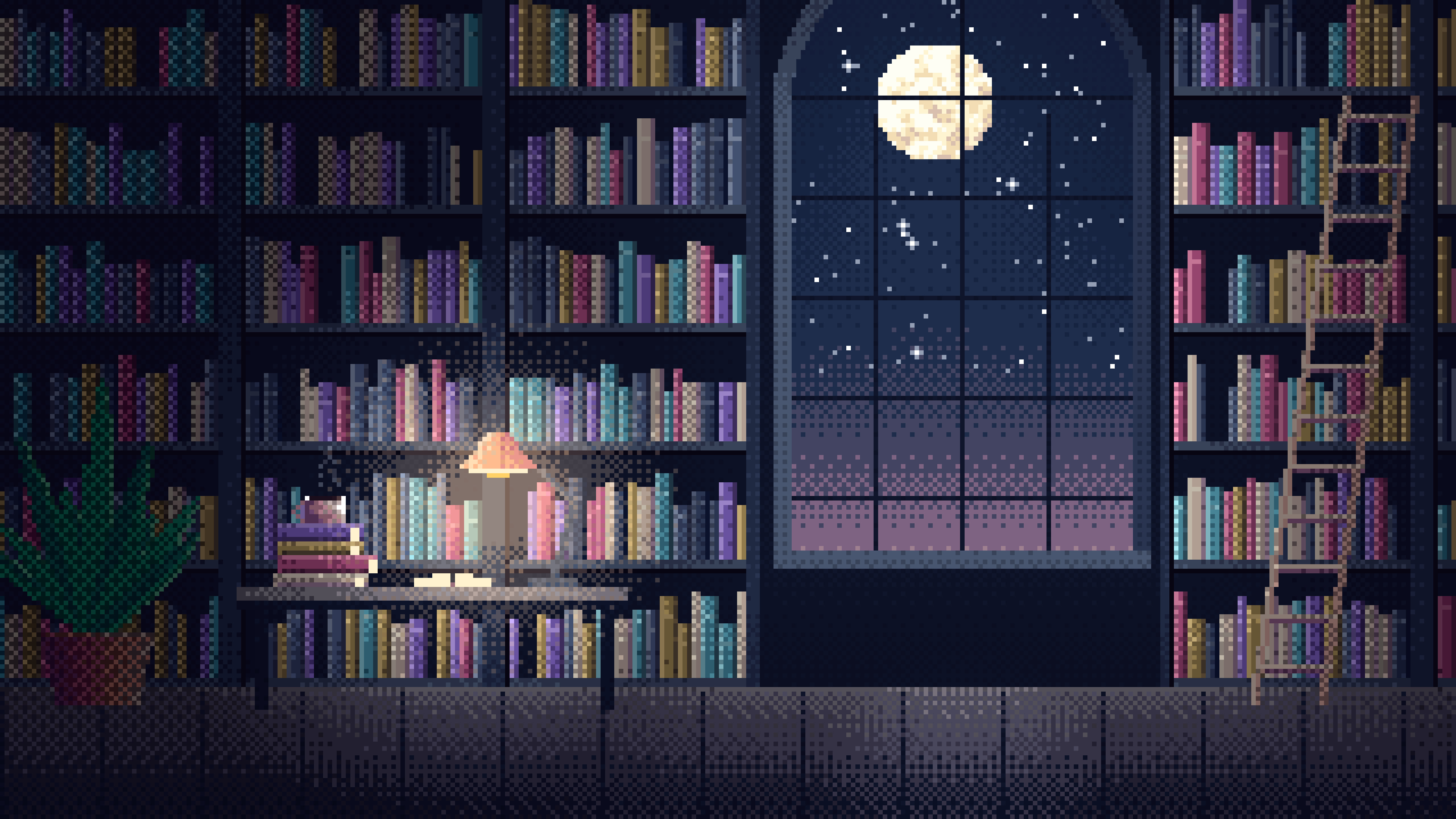 Navy Pixel Art Library desktop wallpaper in 4K