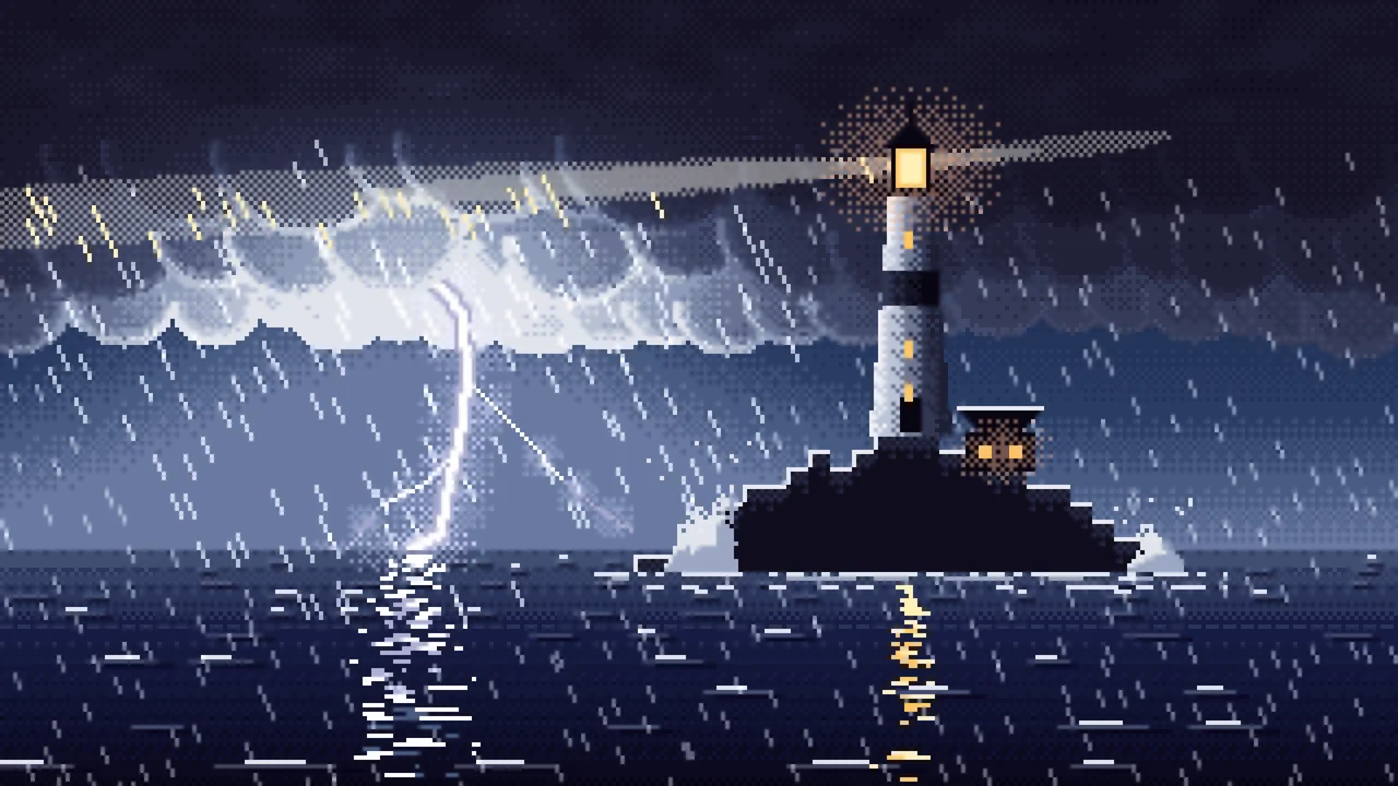 Navy Pixel Art Lighthouse in a Lightning Storm desktop wallpaper in 4K