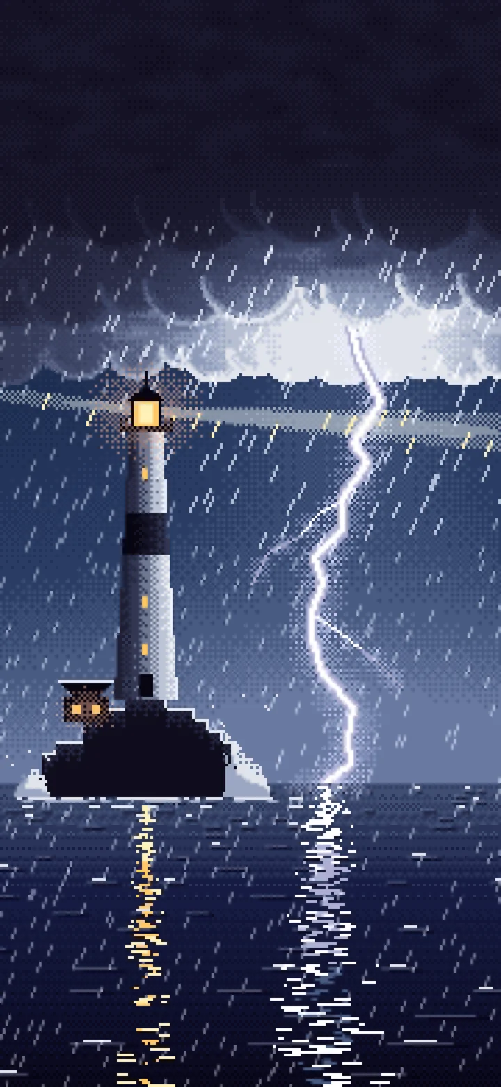 Navy Pixel Art Lighthouse in a Lightning Storm wallpaper for iPhone and Android