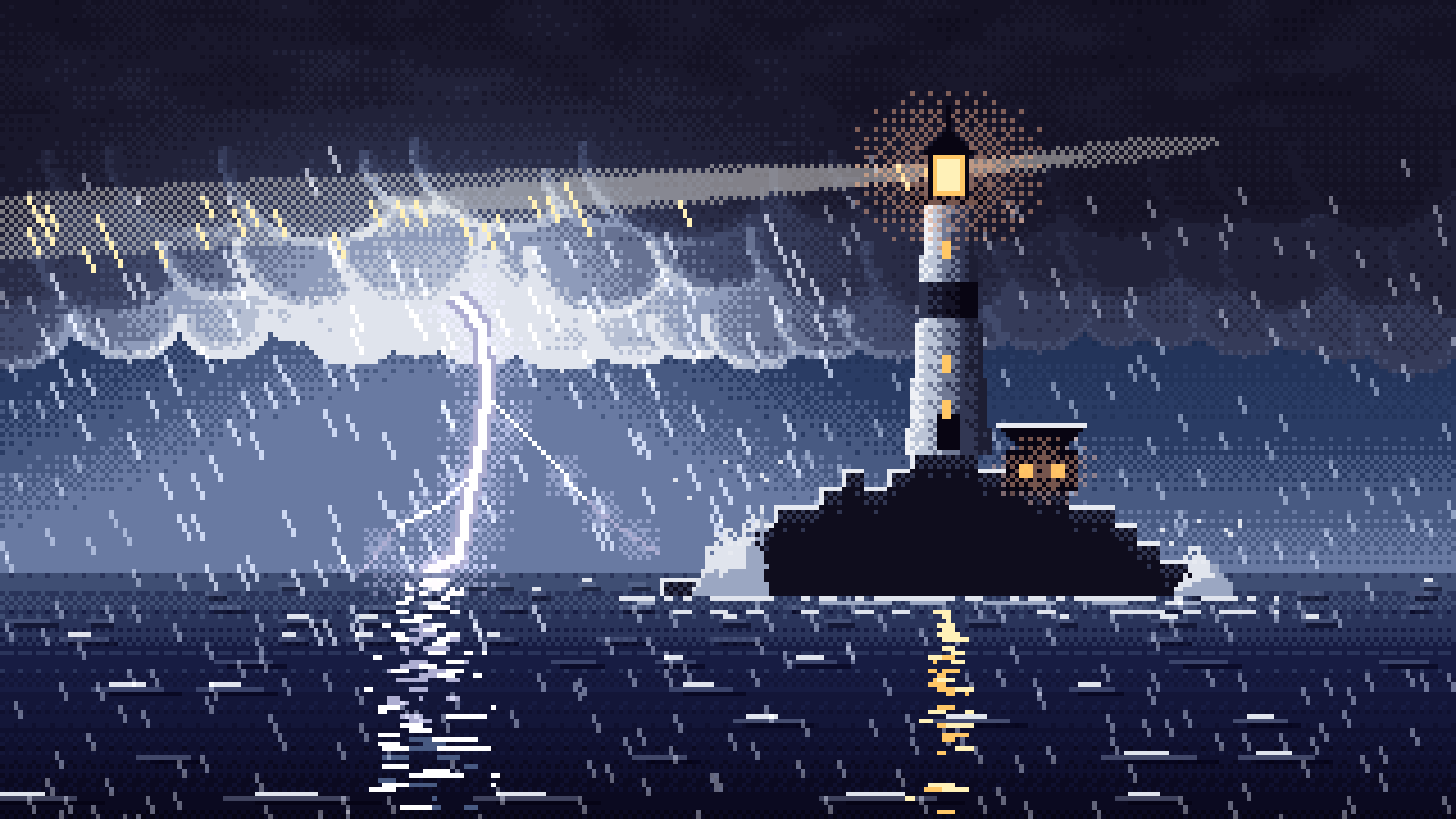 Navy Pixel Art Lighthouse in a Lightning Storm desktop wallpaper in 4K